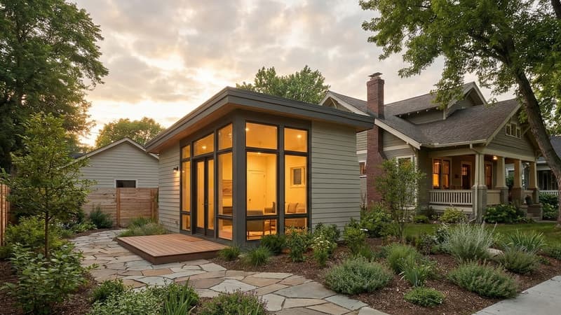 A detached backyard cottage with warm lighting adjacent to a main house in a residential neighborhood at dusk