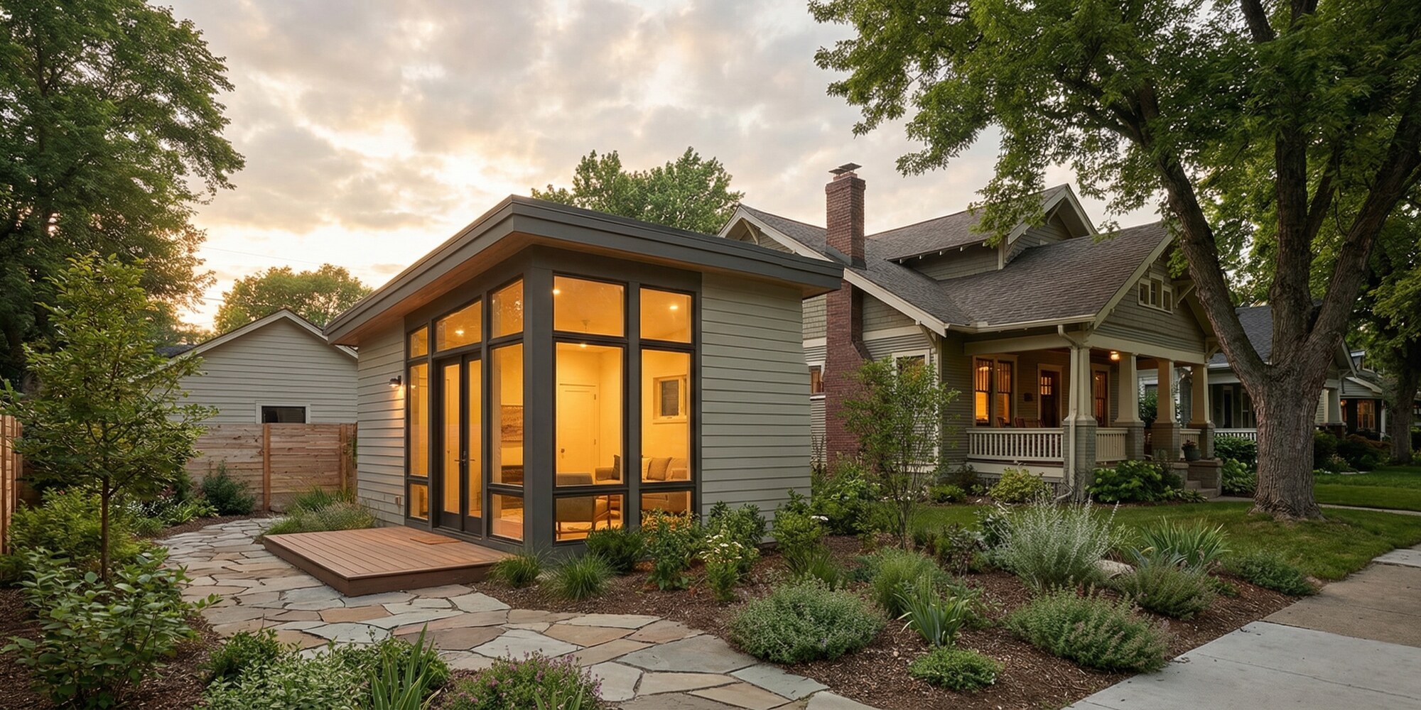 A detached backyard cottage with warm lighting adjacent to a main house in a residential neighborhood at dusk