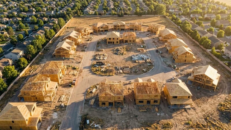 A halted construction site — foundations poured but no framing raised — hemmed in on every side by finished suburban houses