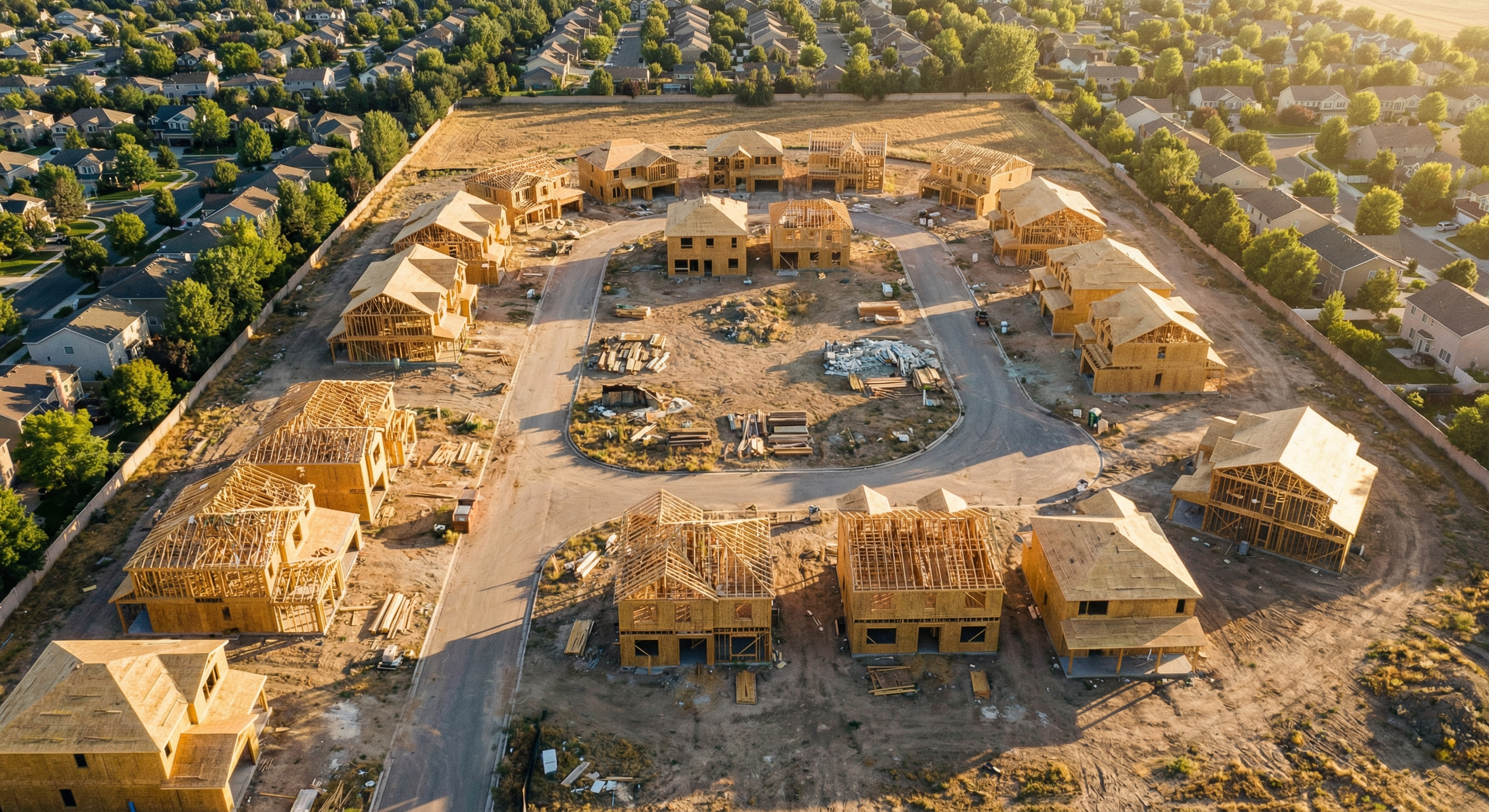 Stalled residential construction site surrounded by existing suburban homes, illustrating America's housing supply shortage