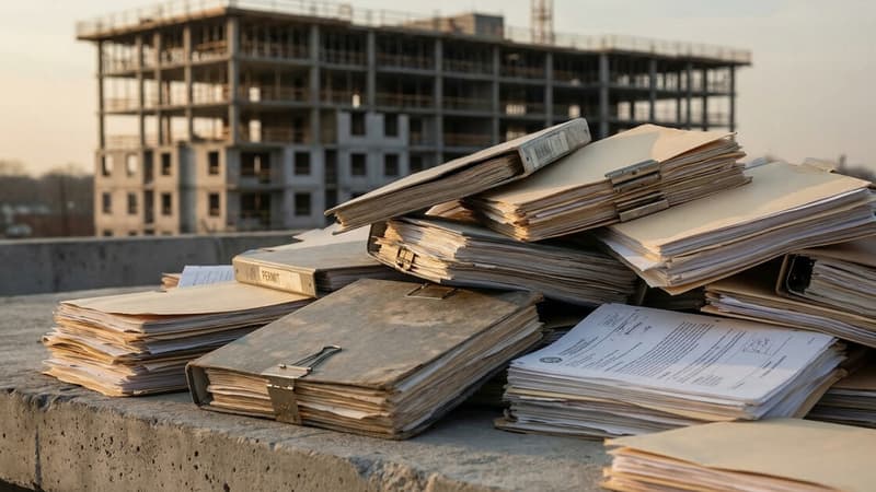 Towering stacks of bureaucratic permit files and legal documents surrounding a stalled concrete construction frame of an apartment building in an urban California neighborhood