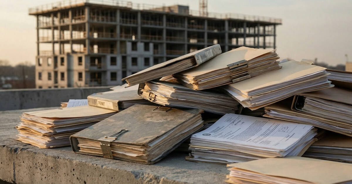 Towering stacks of bureaucratic permit files and legal documents surrounding a stalled concrete construction frame of an apartment building in an urban California neighborhood