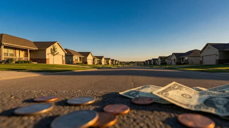 Suburban homes with for-sale signs against a Federal Reserve building backdrop, illustrating how low interest rate policy inflated housing prices