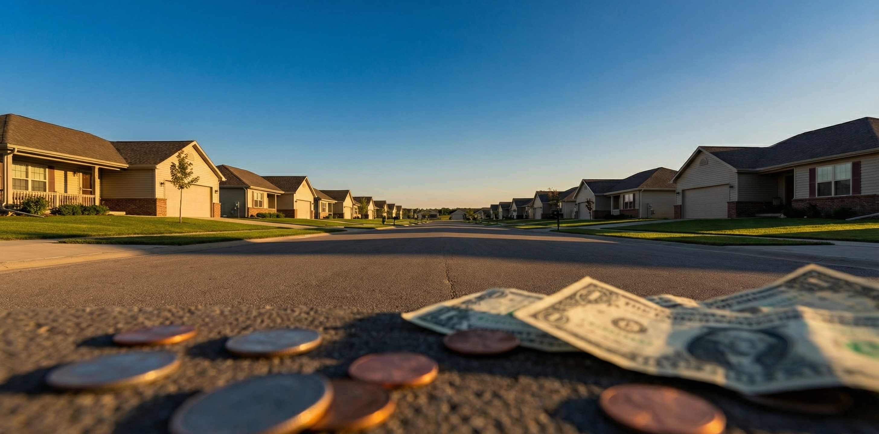 Suburban homes with for-sale signs against a Federal Reserve building backdrop, illustrating how low interest rate policy inflated housing prices