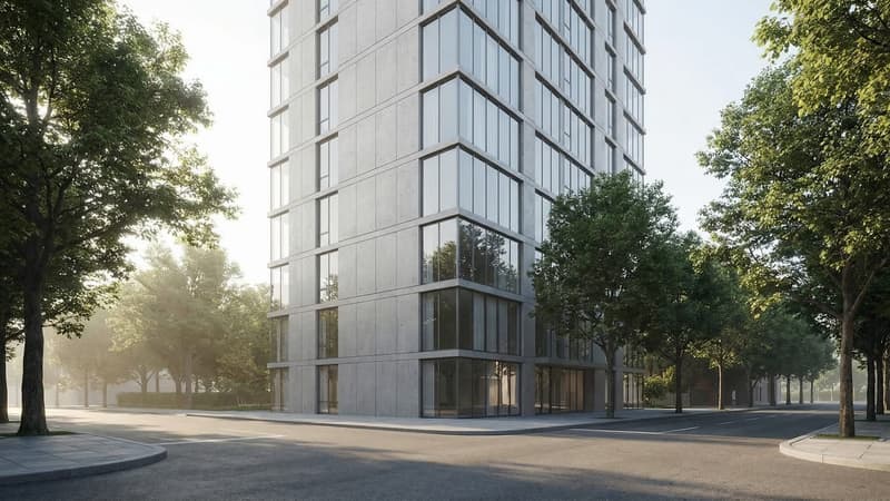 Modern multi-story condominium building exterior with glass and concrete facade on a tree-lined urban street in morning light