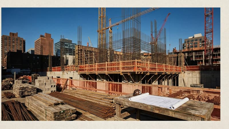 Large-scale apartment construction site with concrete foundations and steel framing, cranes and scaffolding against a blue sky