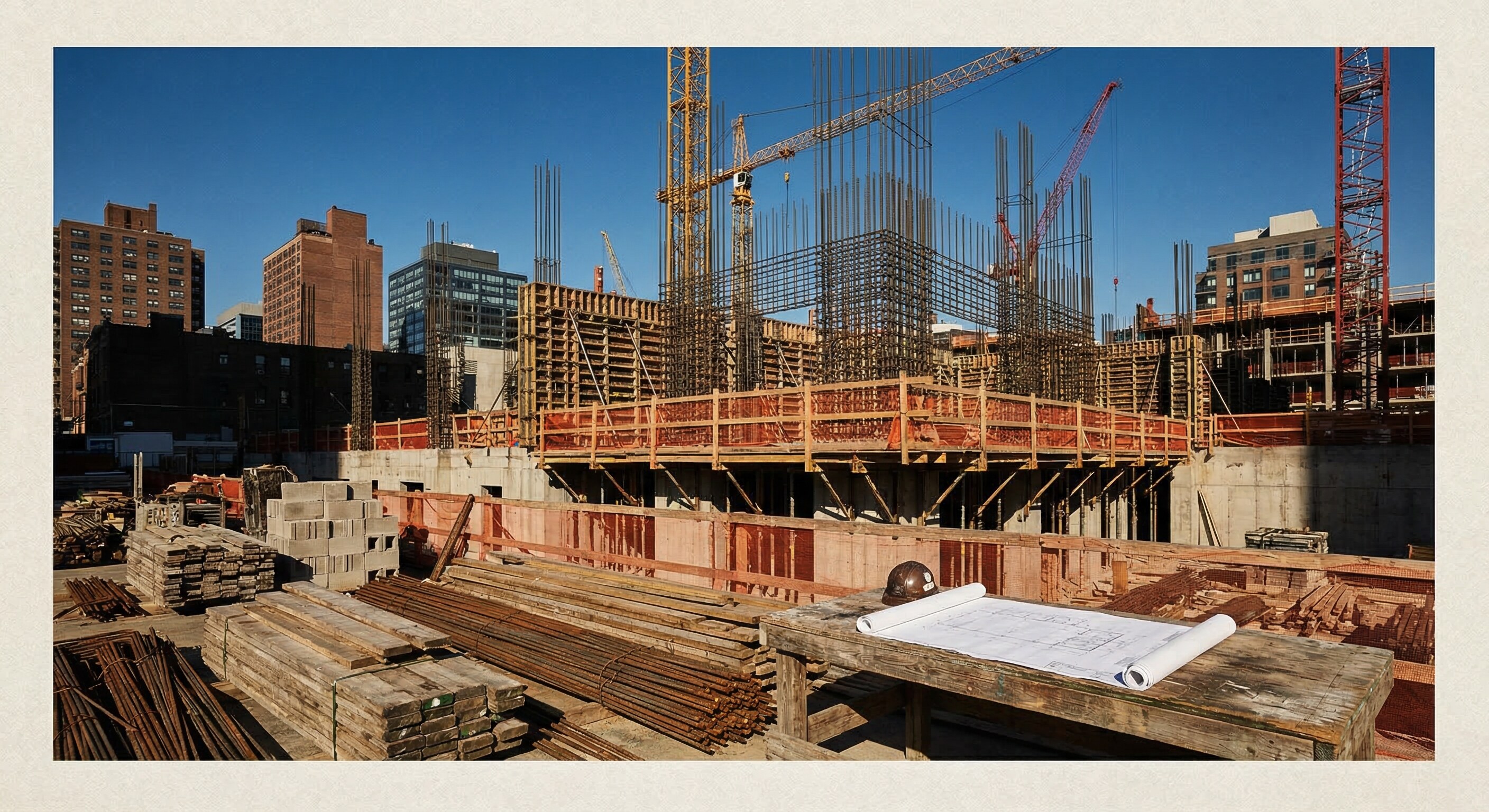 Large-scale apartment construction site with concrete foundations and steel framing, cranes and scaffolding against a blue sky