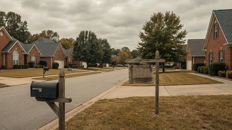 Row of traditional brick single-family homes with For Sale signs on a quiet American residential street