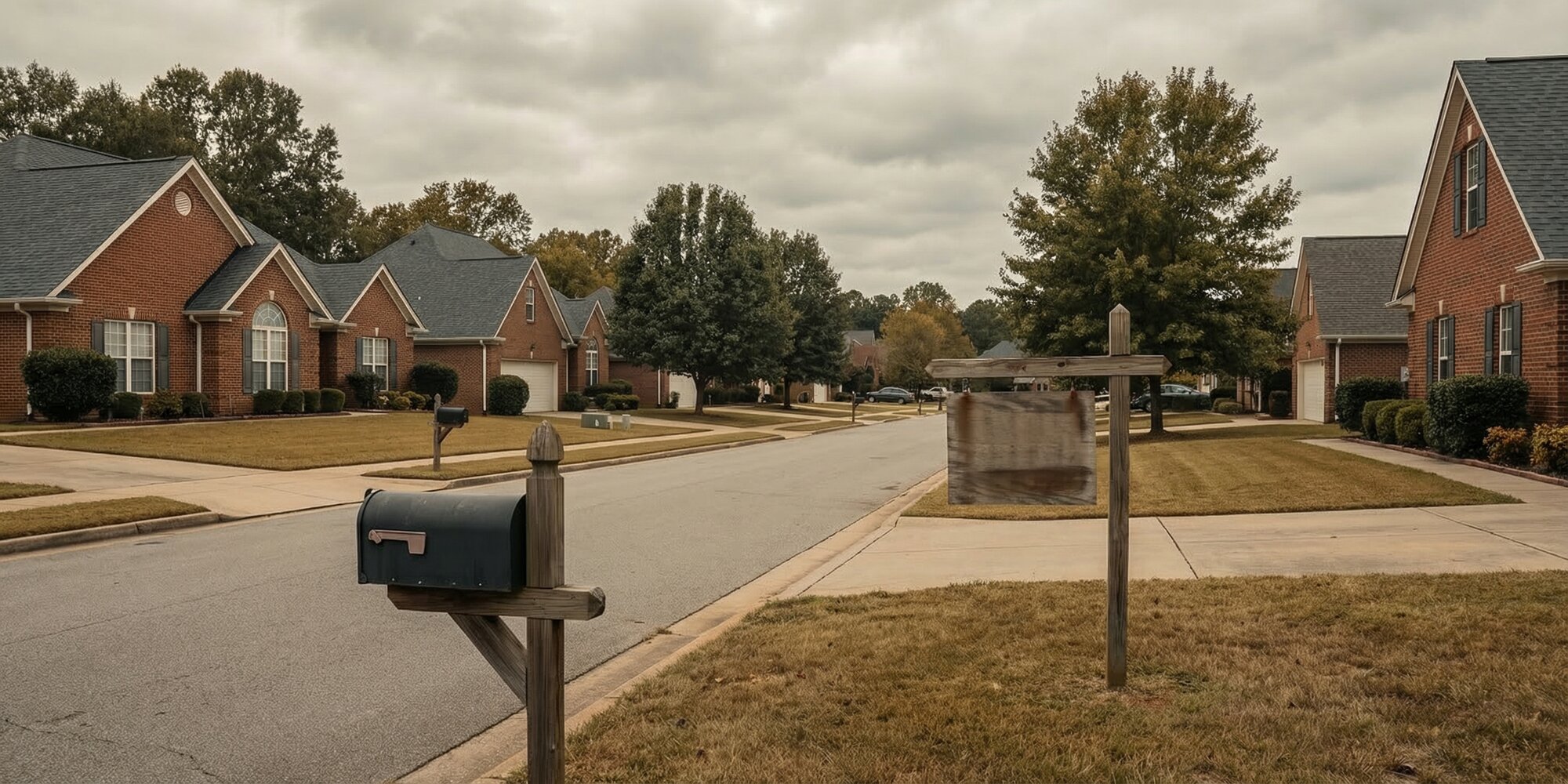Row of traditional brick single-family homes with For Sale signs on a quiet American residential street