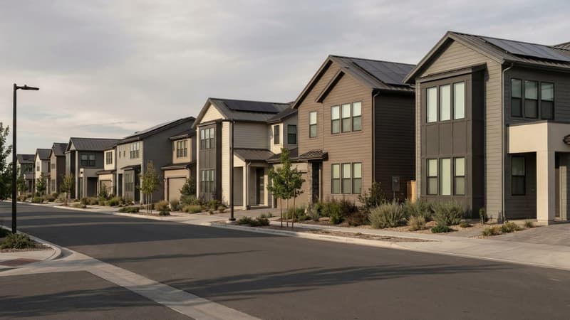 A newly built suburban street where every roof carries solar panels and the windows are deep-set and triple-glazed