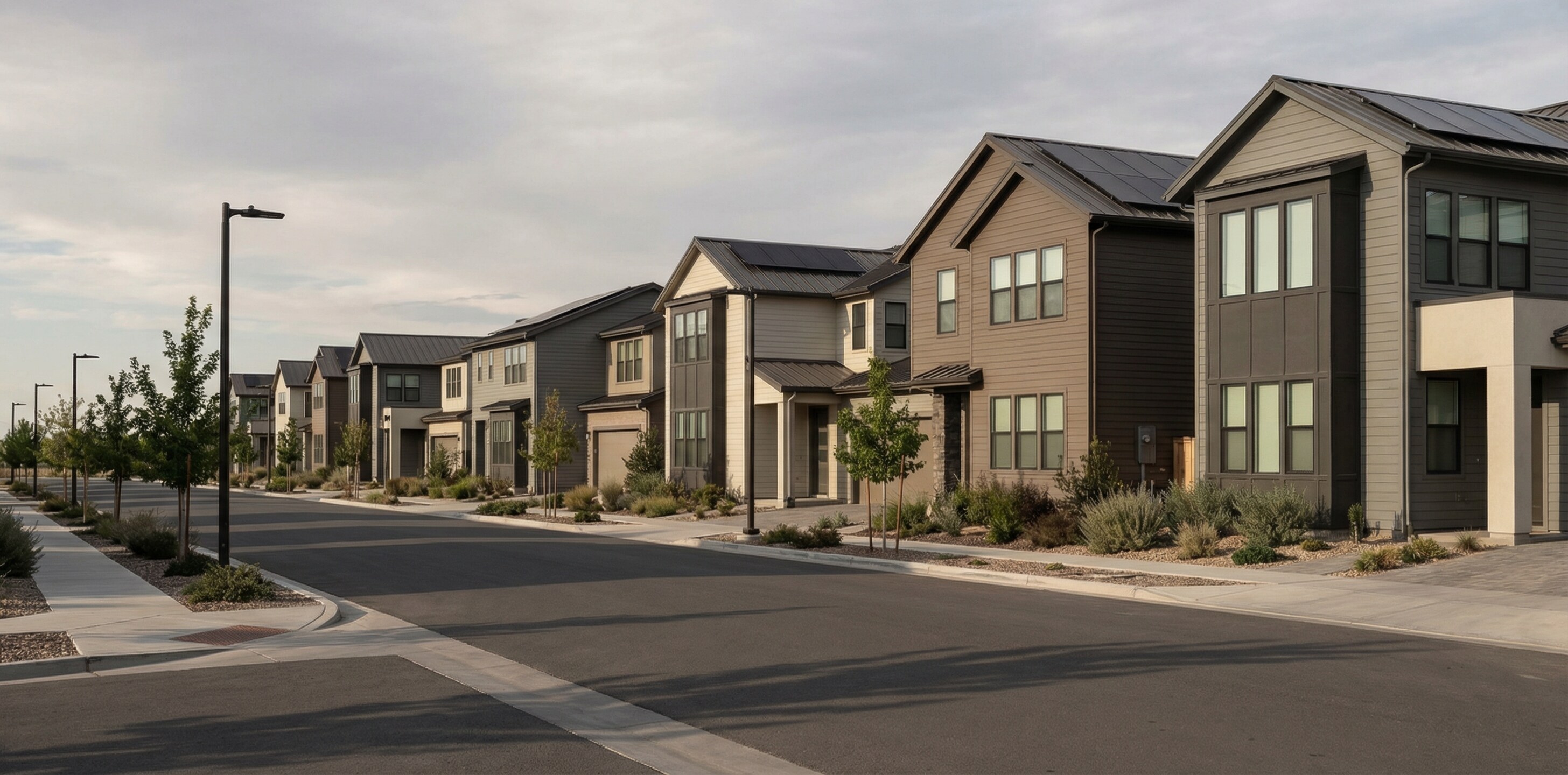 Modern residential neighborhood with solar panels and energy-efficient windows under a clear sky, representing building energy standards