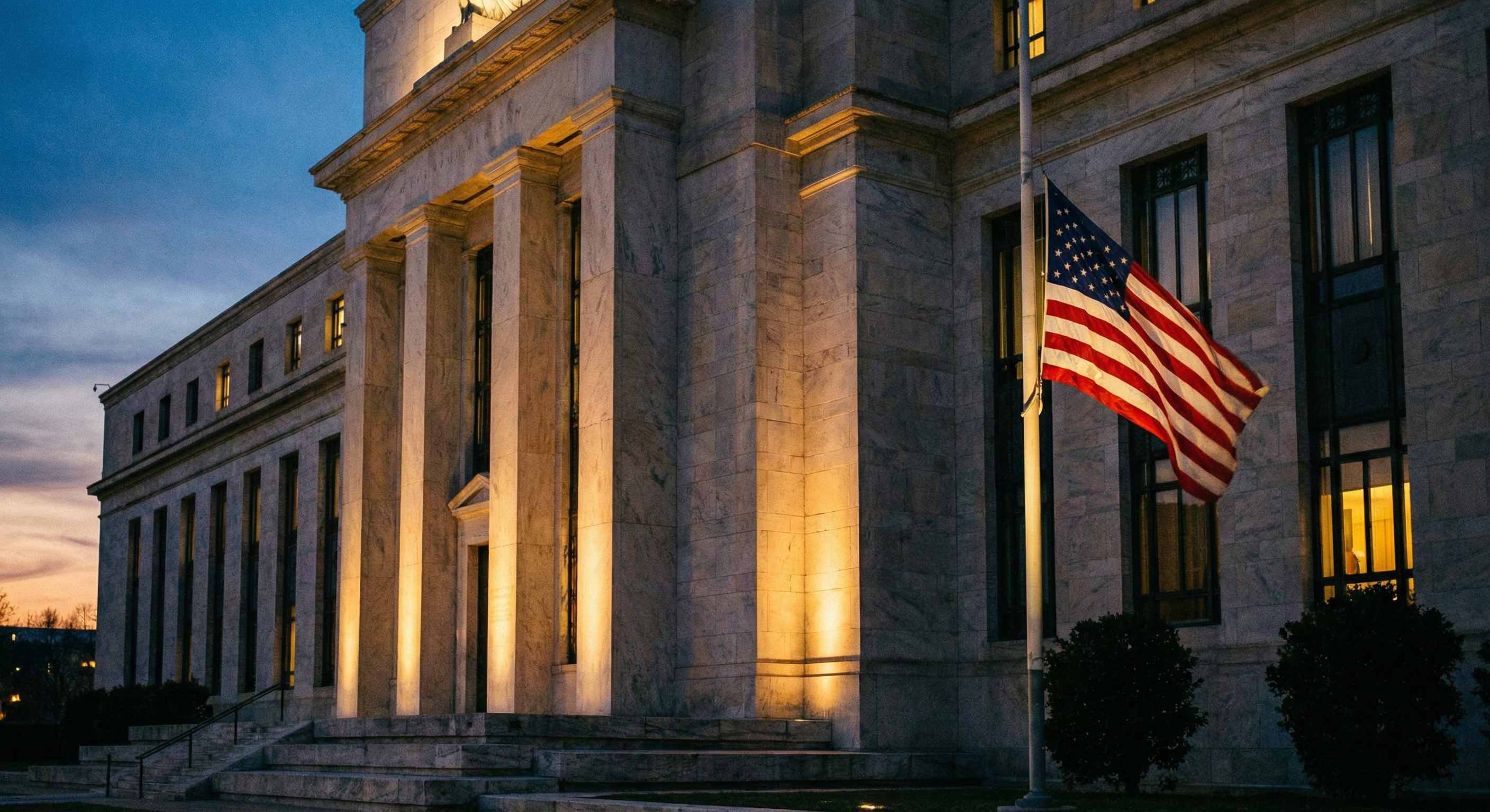 Federal Reserve building at dusk, representing the central bank's role in the housing affordability crisis