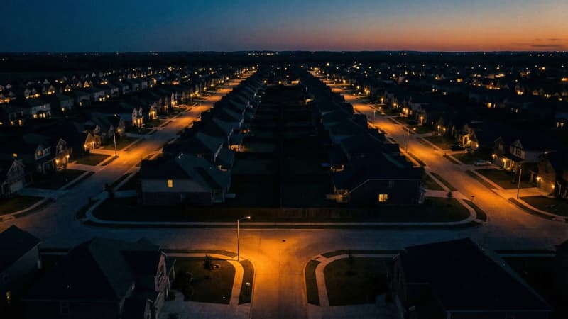 Aerial view of a still American suburban neighborhood at dusk, rows of houses with glowing windows under deep blue and amber light