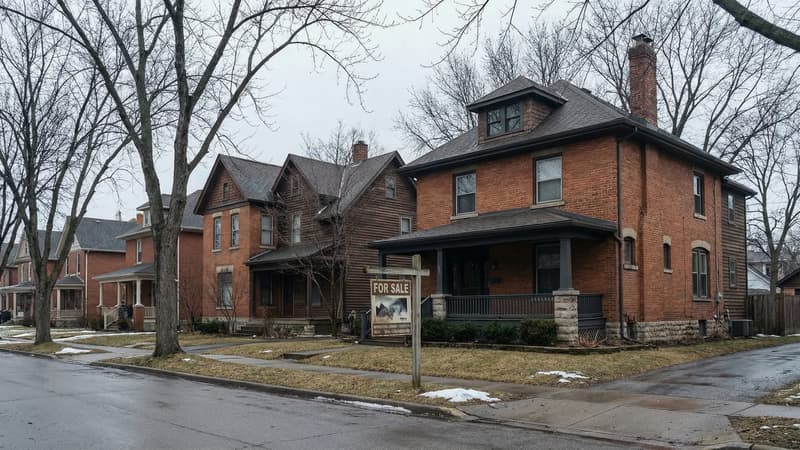 A residential street in late winter with a For Sale sign in front of a single-family home, bare trees and overcast sky