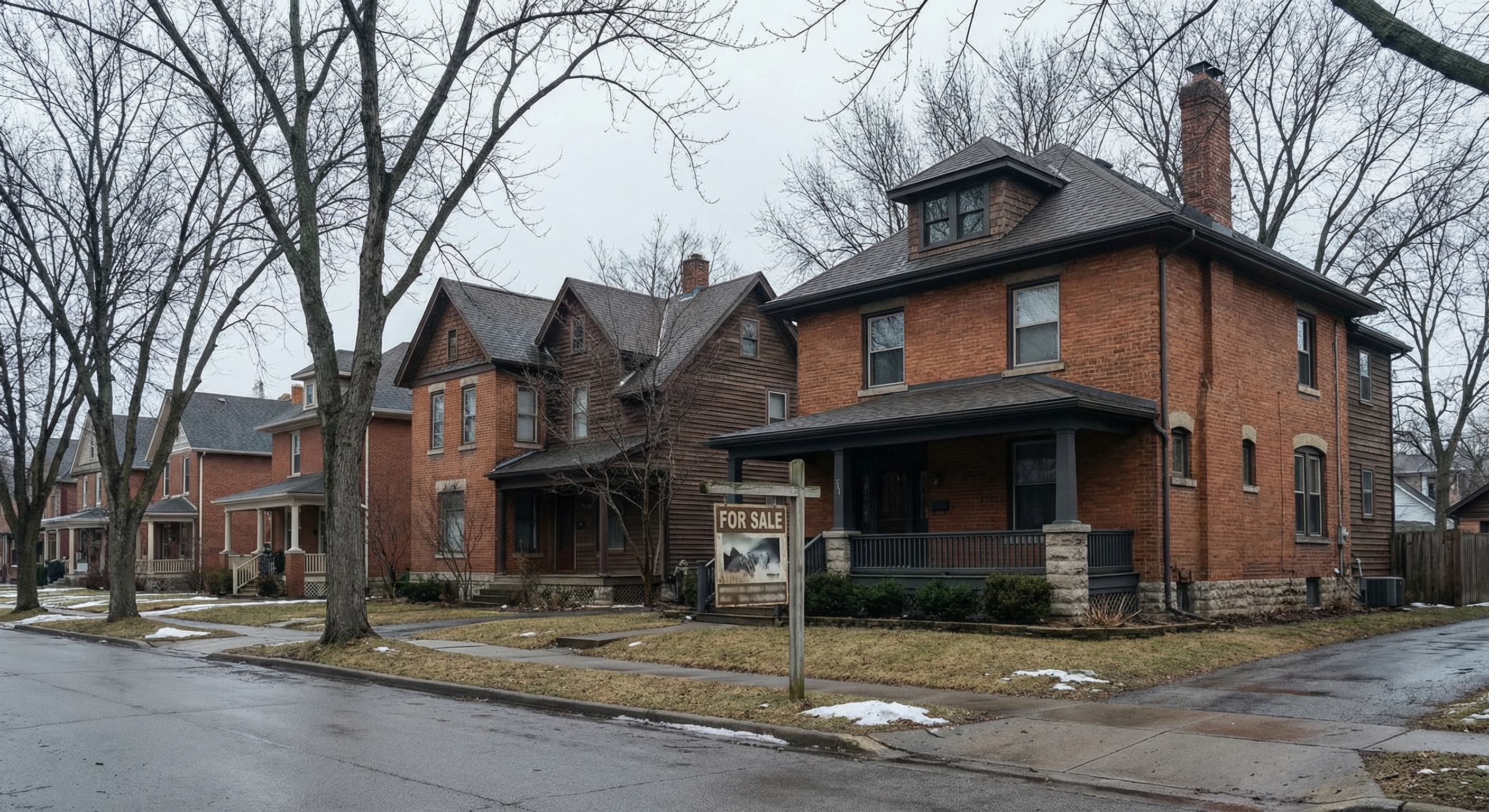 A residential street in late winter with a For Sale sign in front of a single-family home, bare trees and overcast sky