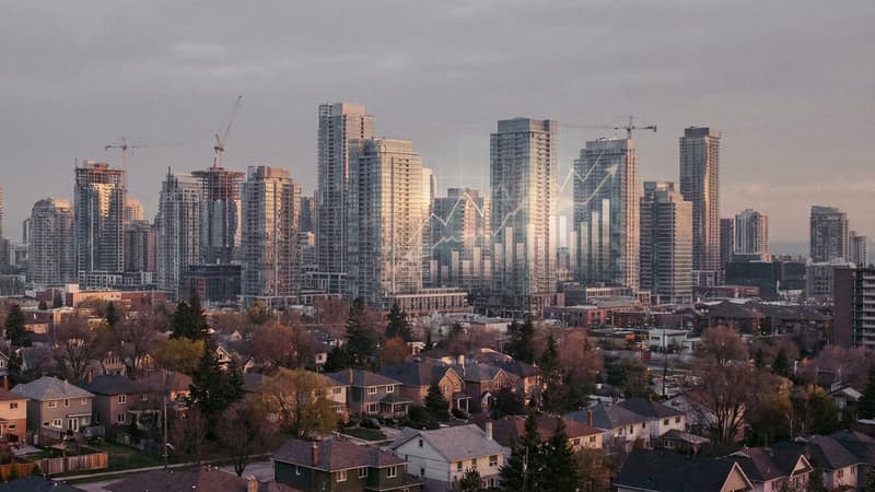 Panoramic city housing skyline blending suburban neighborhoods and high-density residential construction at dawn, with reflective geometric patterns suggesting market data trends
