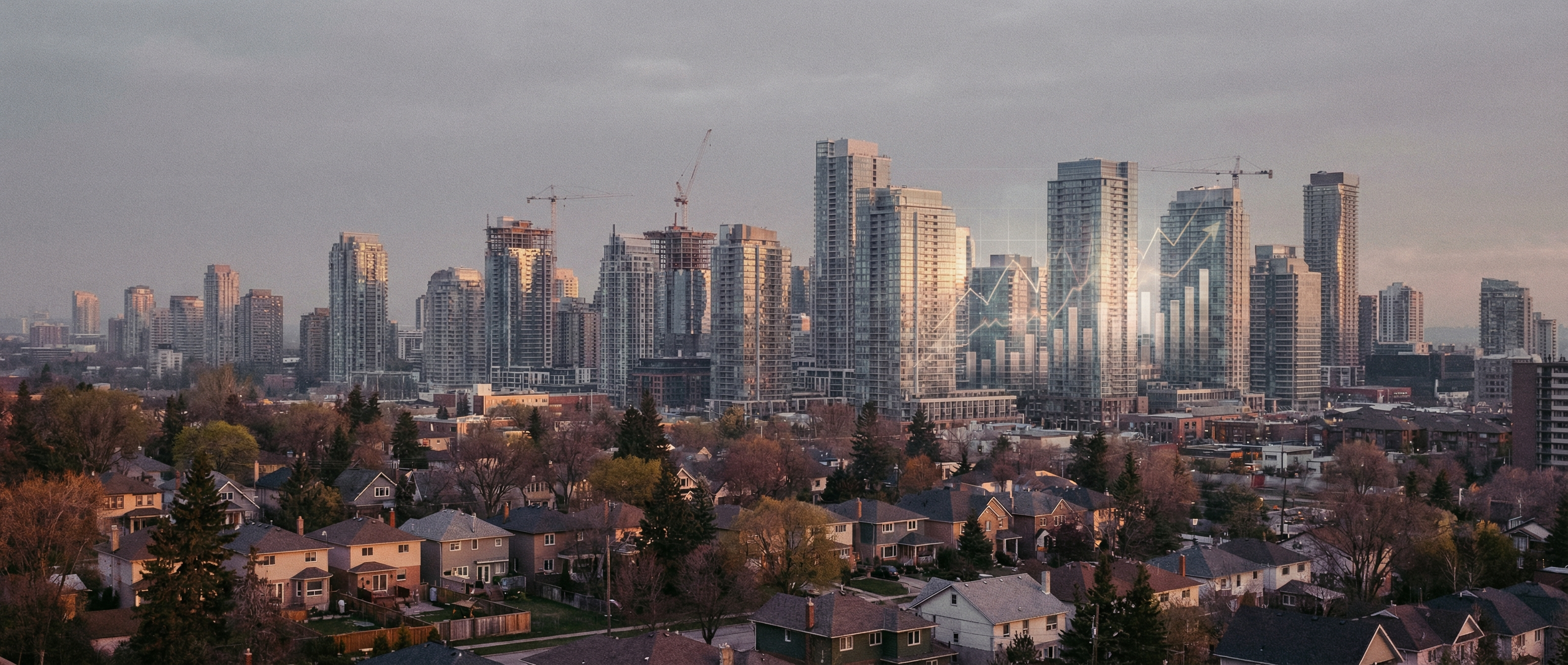 Panoramic city housing skyline blending suburban neighborhoods and high-density residential construction at dawn, with reflective geometric patterns suggesting market data trends