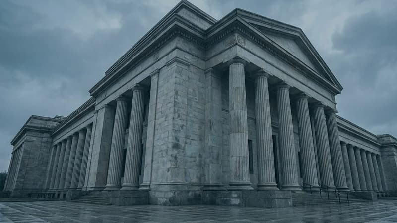 The stone colonnade of a neoclassical bank headquarters rising against a heavy overcast sky
