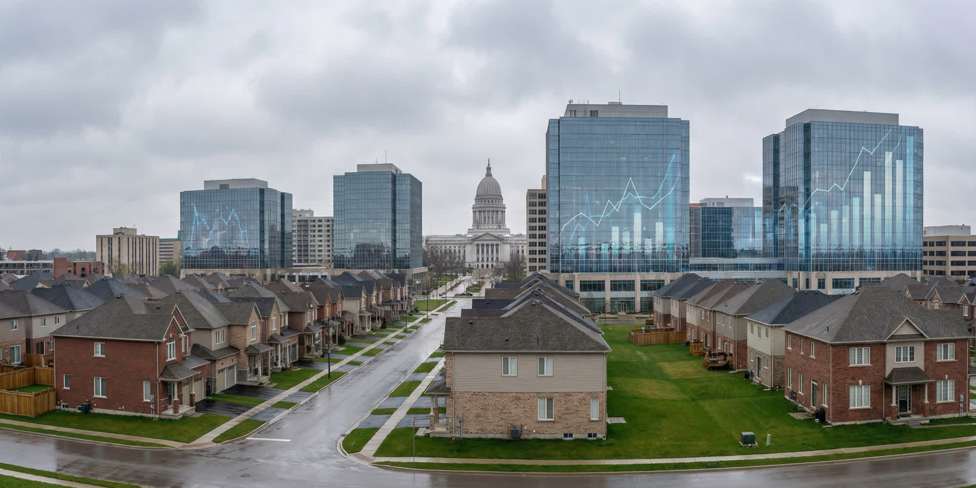 Panoramic view of suburban housing and downtown high-rises with a federal building in the distance under overcast light