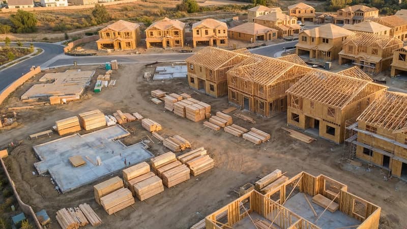 Residential housing construction site with wood-framed homes under a late-afternoon sky, representing new housing supply under pressure