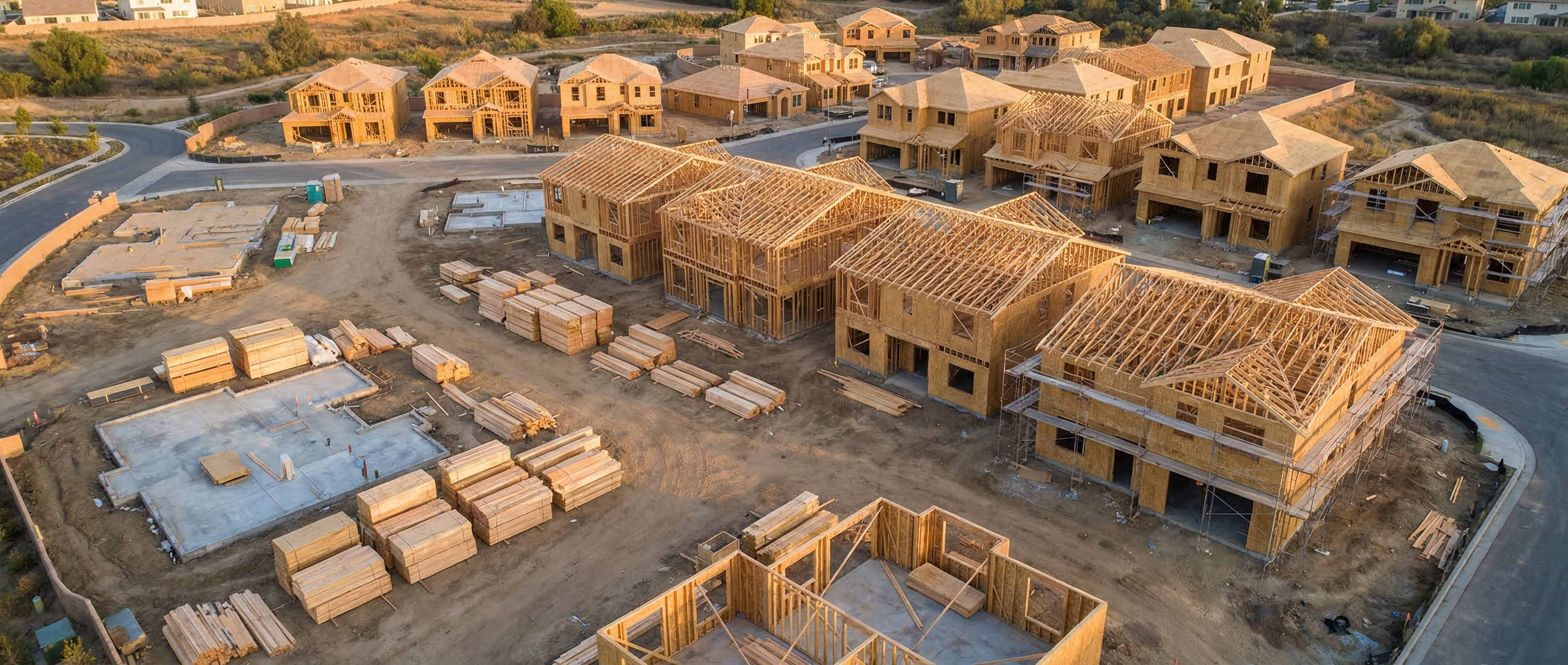 Residential housing construction site with wood-framed homes under a late-afternoon sky