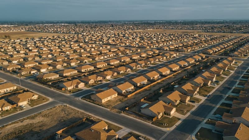 Aerial view of a suburban housing grid with hundreds of homes under late-afternoon light, representing a constrained housing market and closing spring buying window