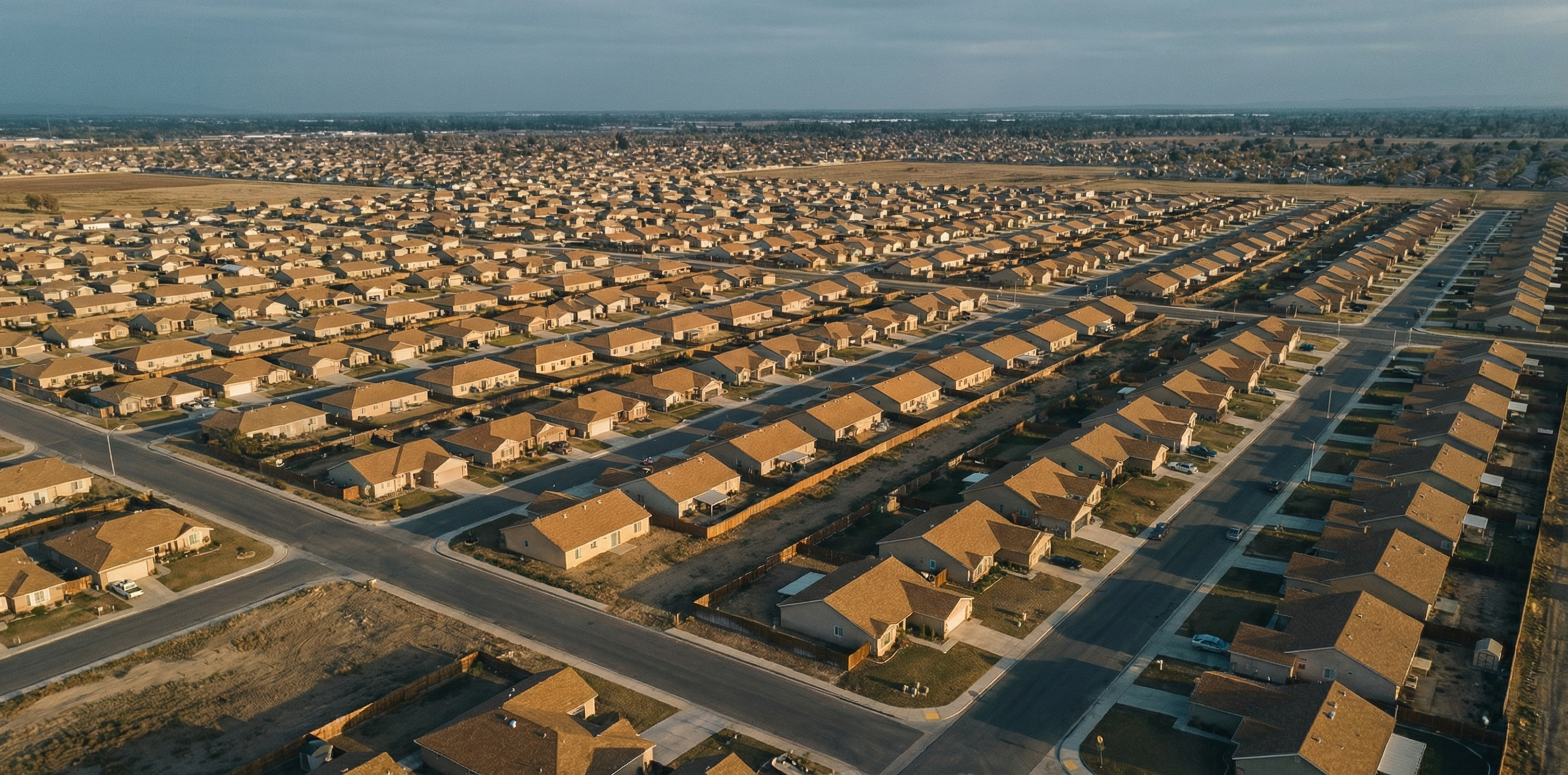 Aerial view of a suburban housing grid with hundreds of homes under late-afternoon light, representing a constrained housing market and closing spring buying window