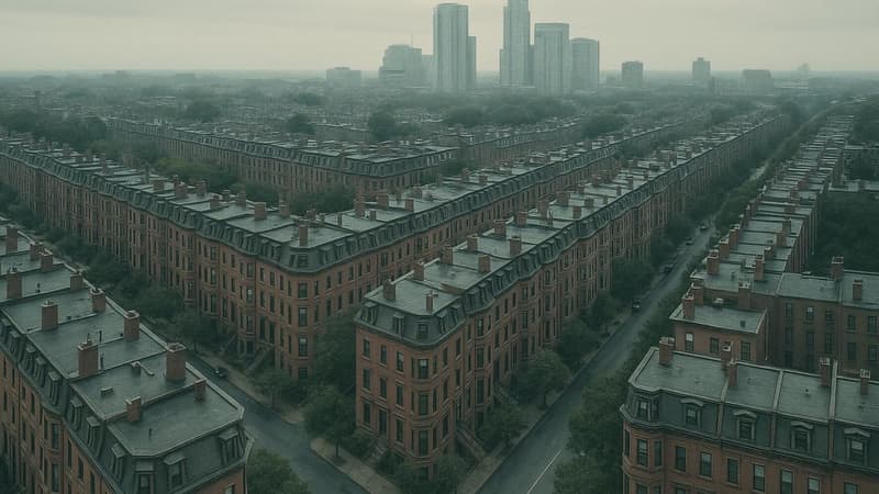 Aerial view of dense Victorian brownstone rowhouses stretching along tree-lined streets, with modern glass residential towers visible on the distant skyline