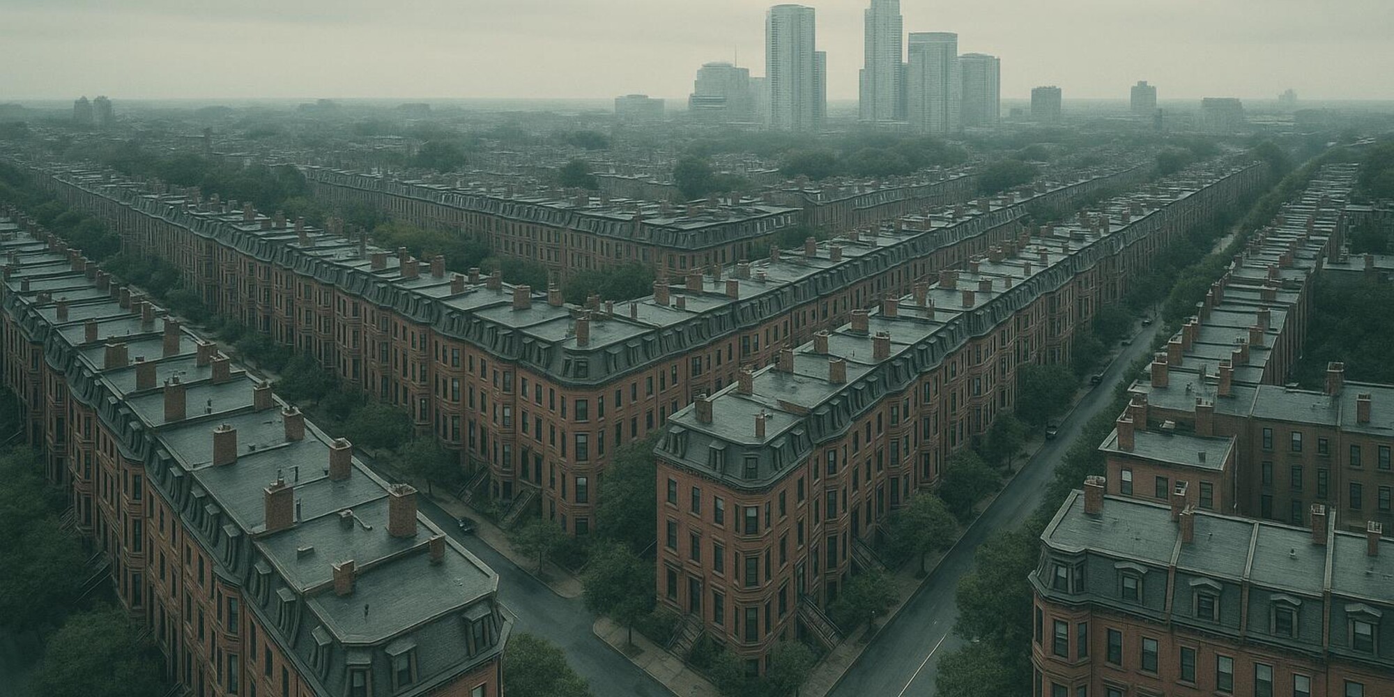 Aerial view of dense Victorian brownstone rowhouses stretching along tree-lined streets, with modern glass residential towers visible on the distant skyline