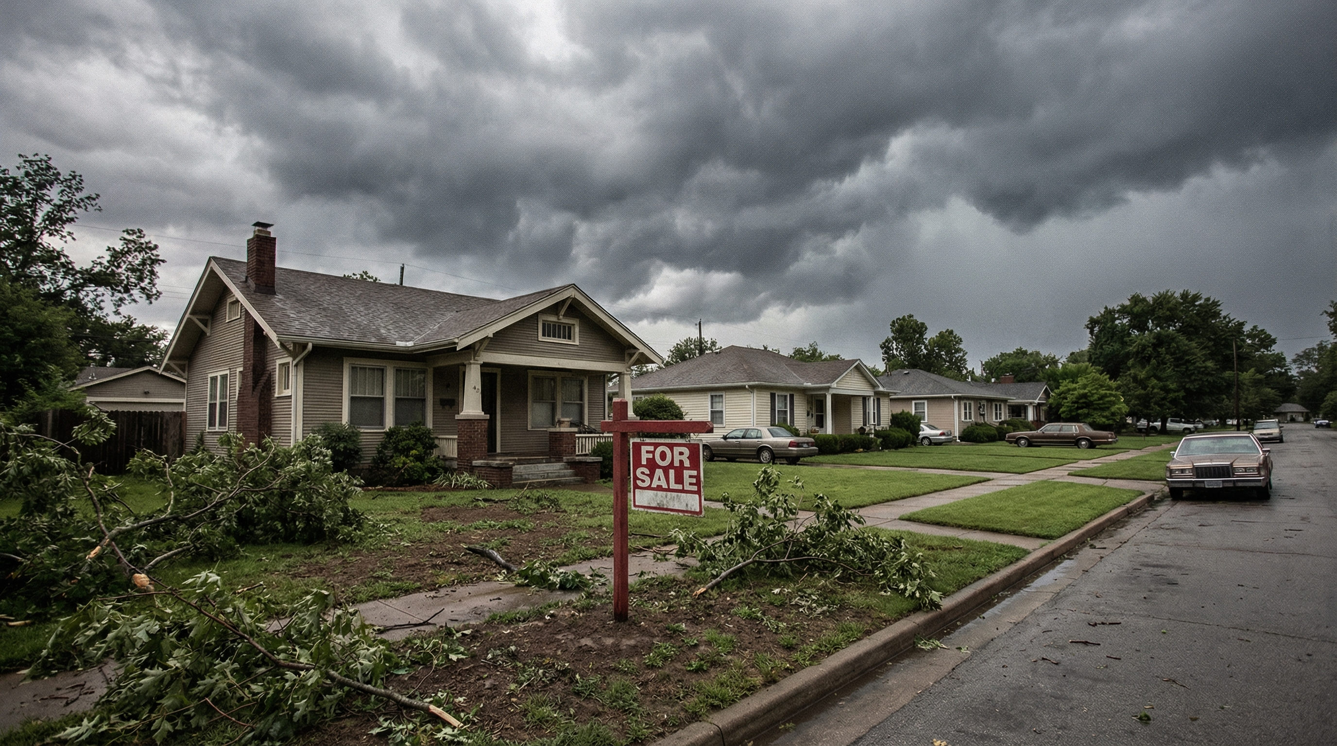 Suburban homes on a quiet street under a dramatic overcast sky, with a for-sale sign in the foreground, illustrating insurance and mortgage barriers in the housing market