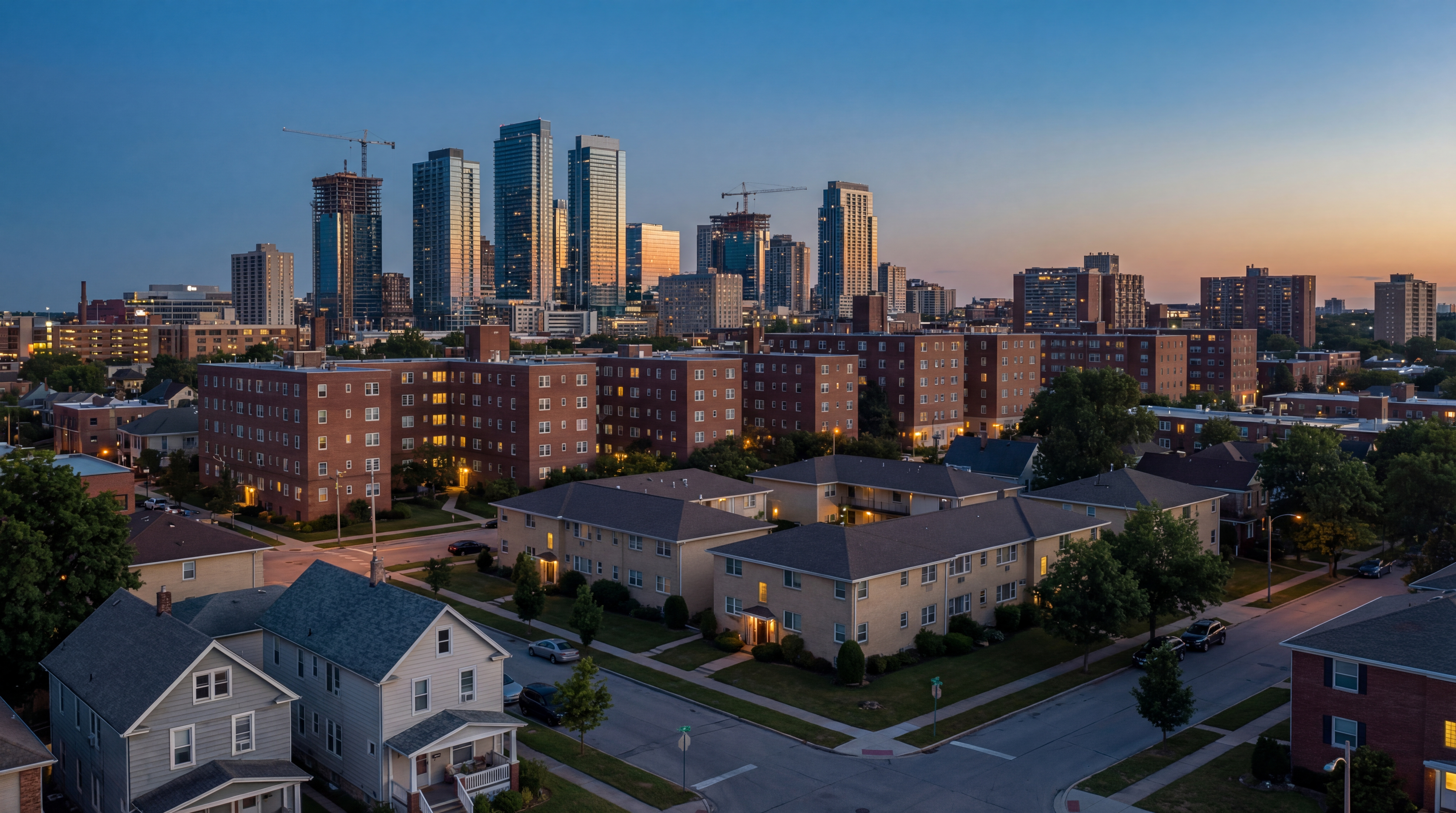 A layered American cityscape showing new high-rise apartment towers in the background and progressively older mid-century and post-war apartment buildings in the foreground, illustrating the economics of housing market filtering across generations of construction
