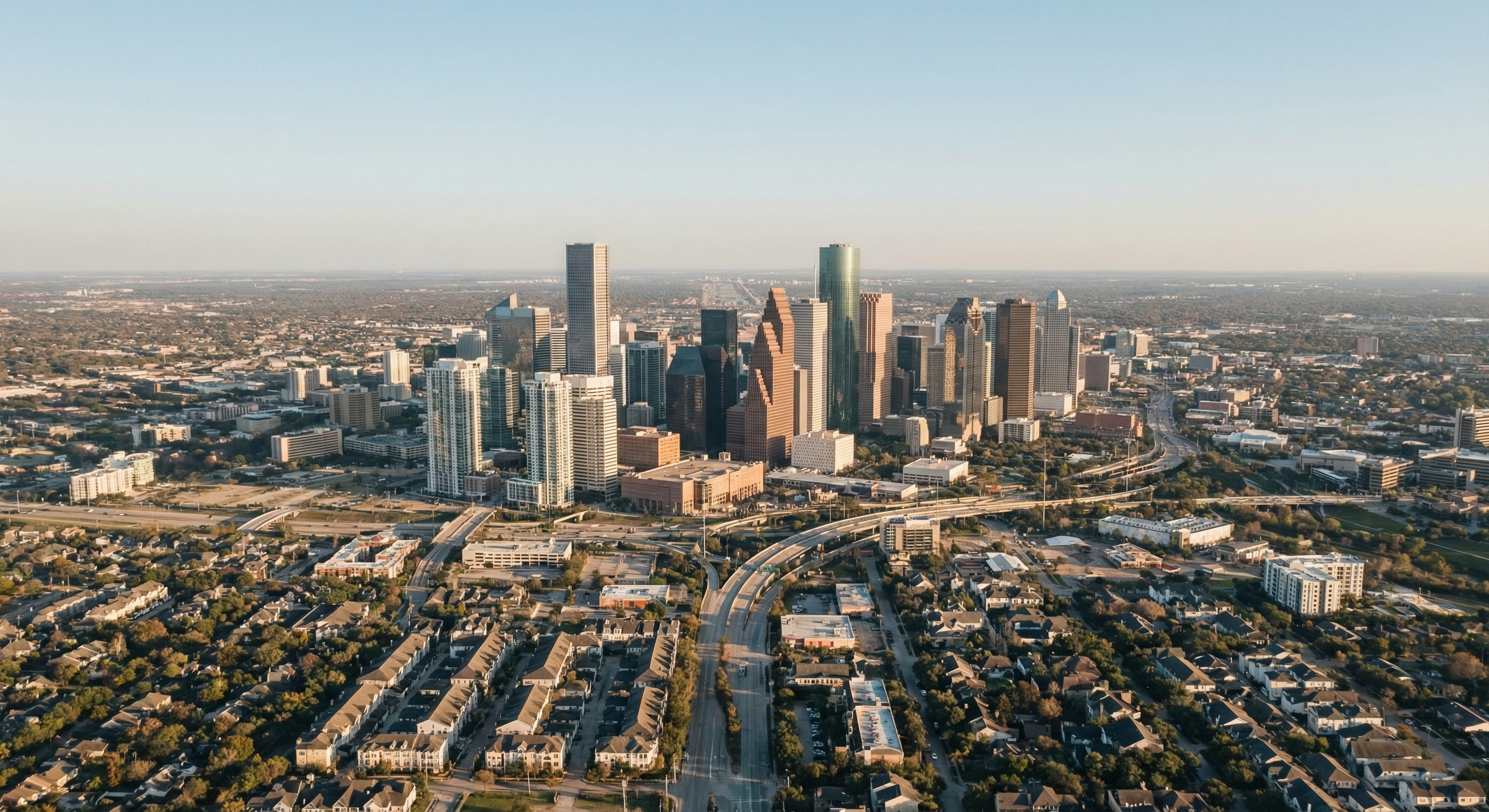 Aerial view of the Houston, Texas skyline and vast surrounding residential neighborhoods extending toward the horizon, illustrating the city's expansive housing supply
