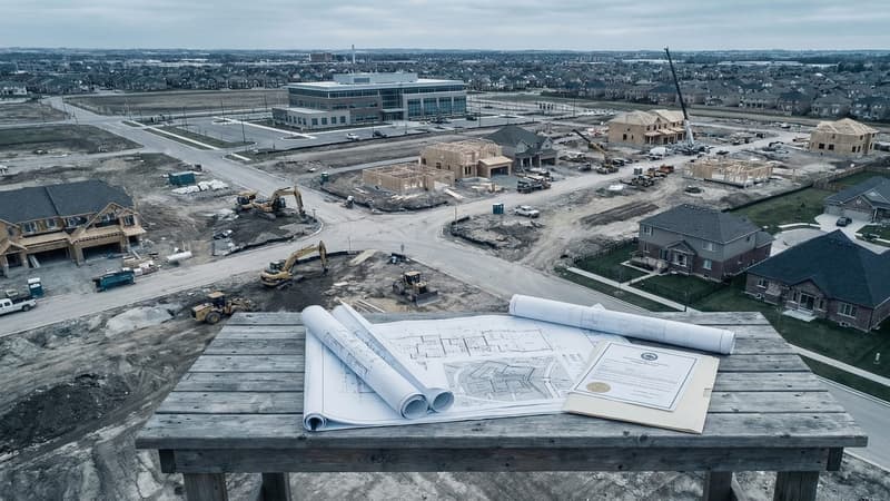 Aerial view of residential subdivision construction adjacent to municipal government building, with architectural blueprints and permit documents on a planning table