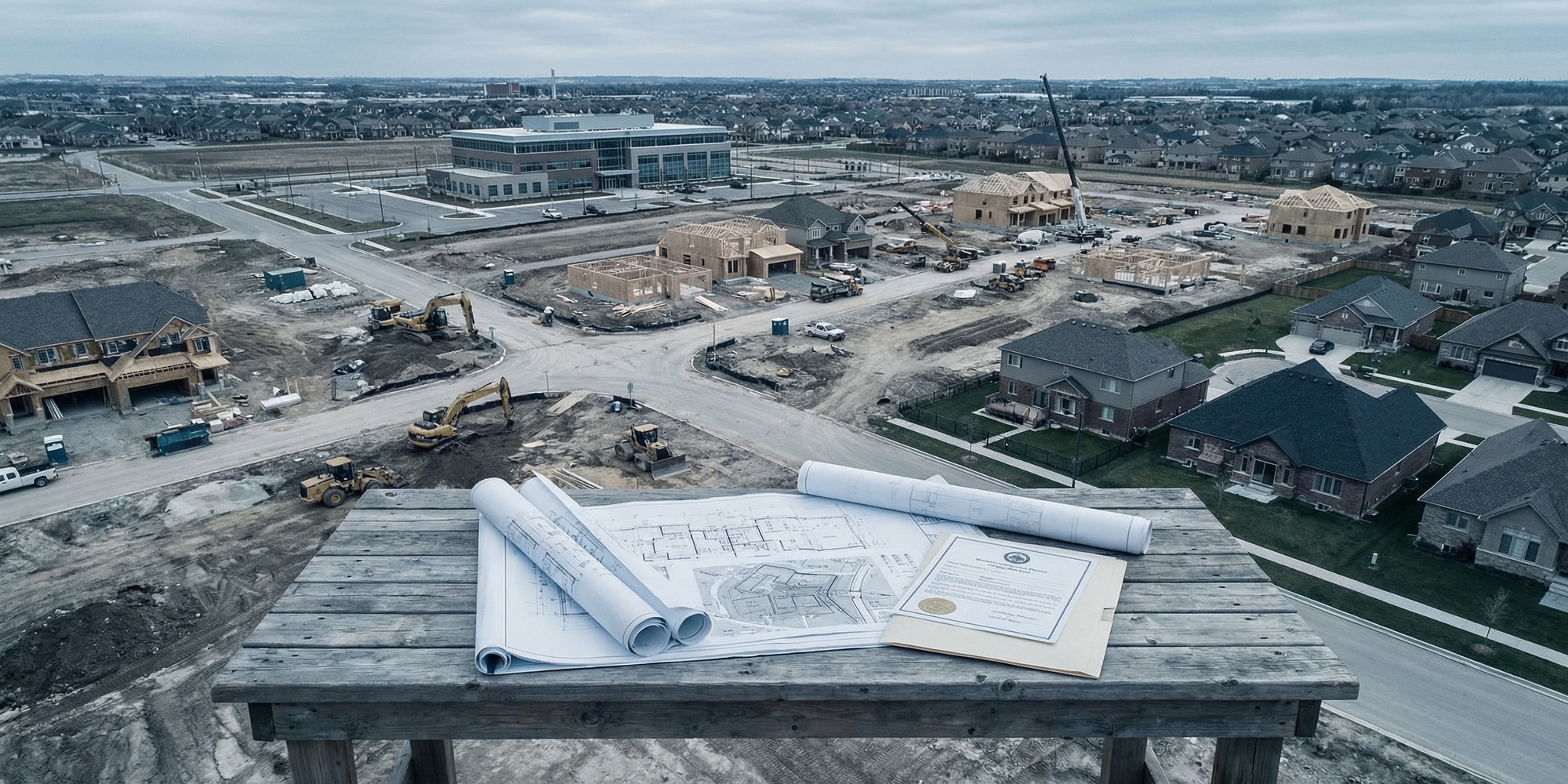 Aerial view of residential subdivision construction adjacent to municipal government building, with architectural blueprints and permit documents on a planning table