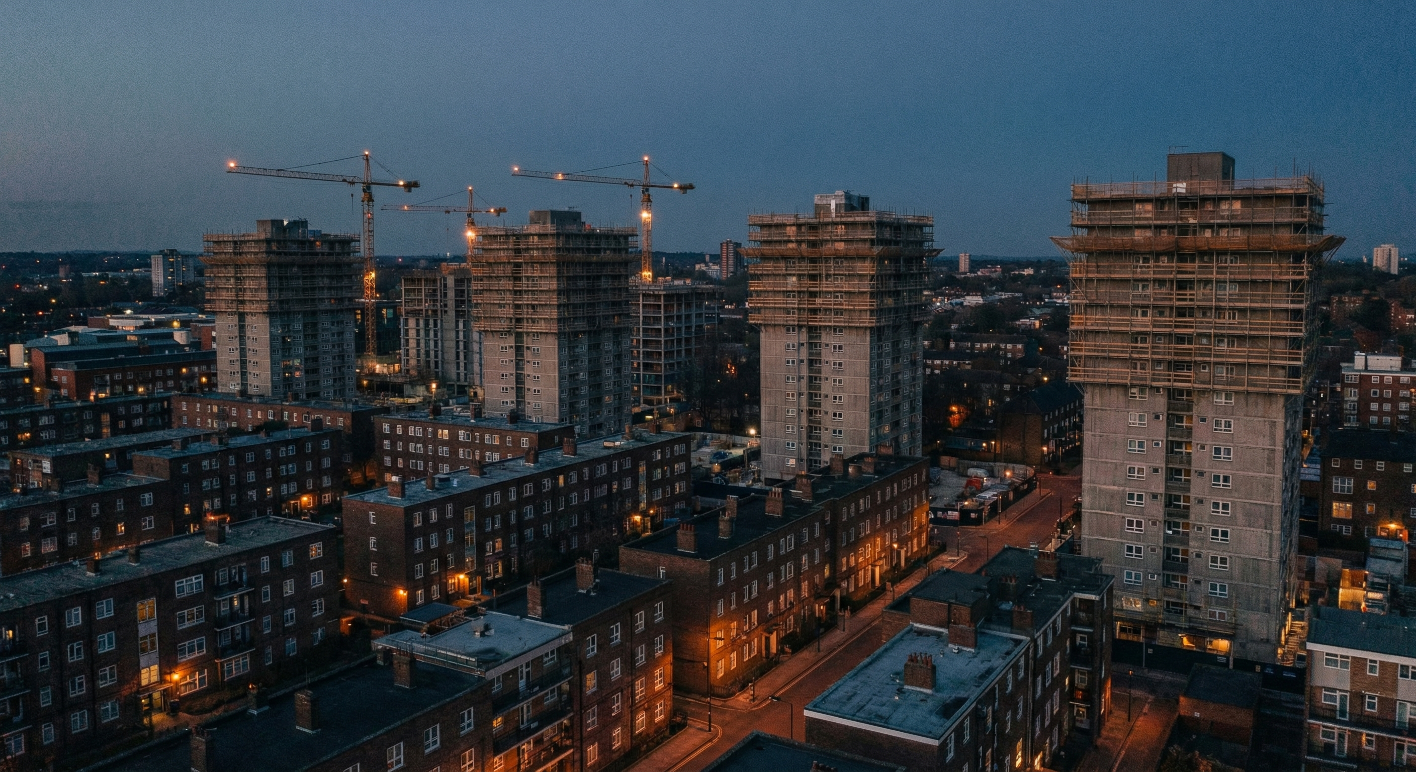 Urban apartment towers under construction at dusk, illustrating housing production constraints from zoning mandates