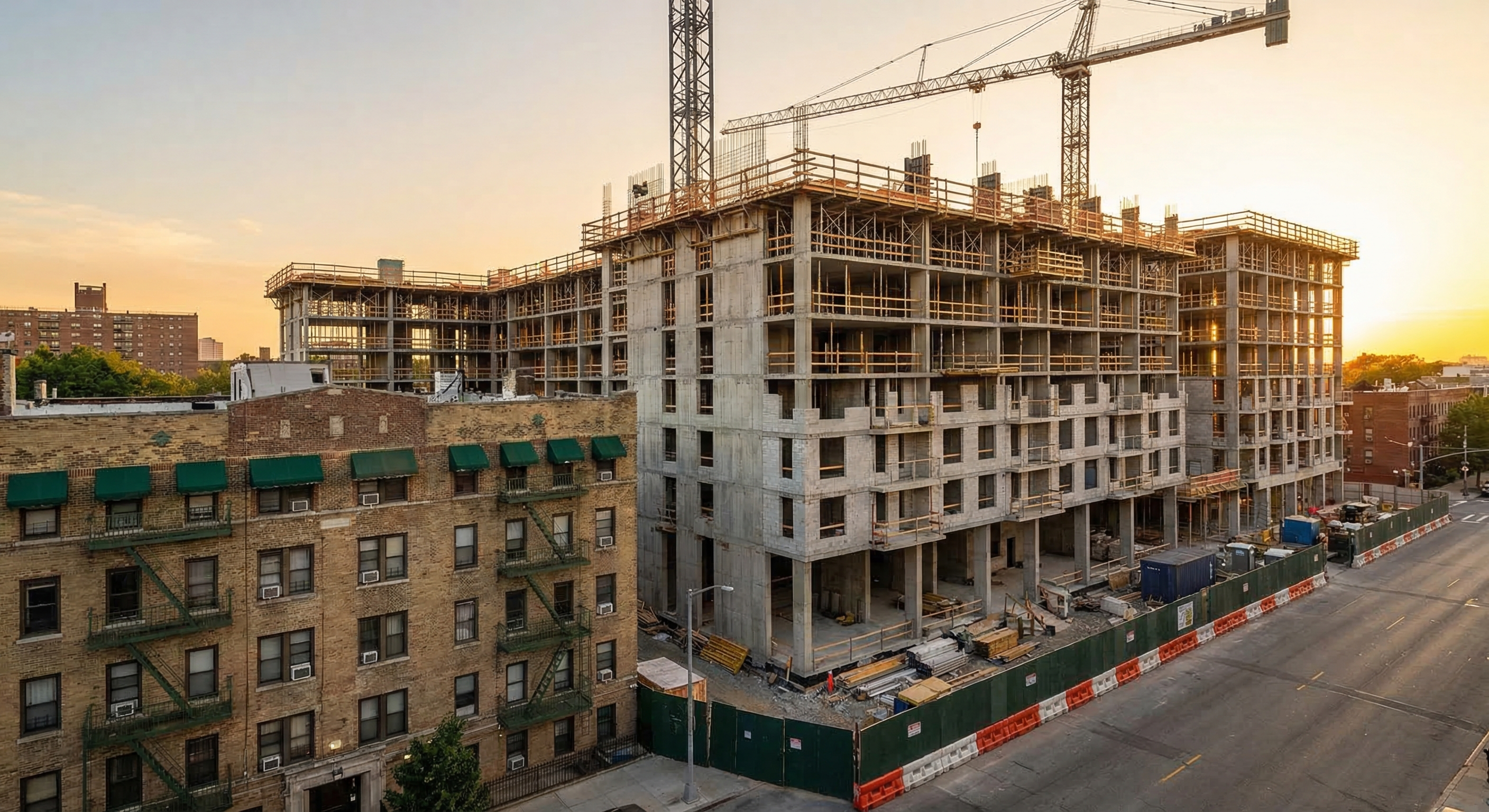 Urban apartment construction site with mixed-use development under a clear sky, representing housing production economics