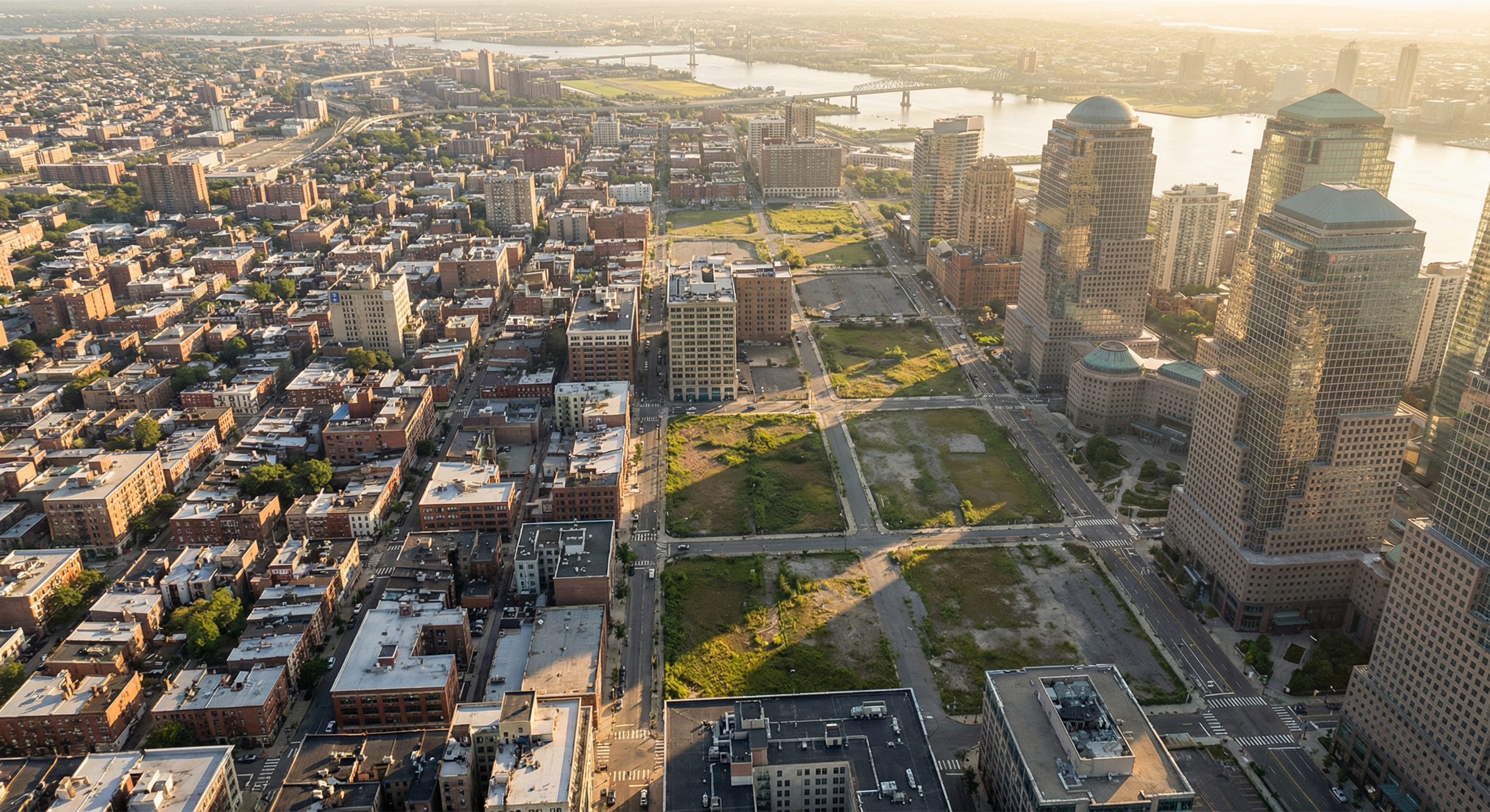 Aerial view of an American city grid showing contrasting vacant parcels and developed blocks near the financial district at golden hour, illustrating the economics of idle land value