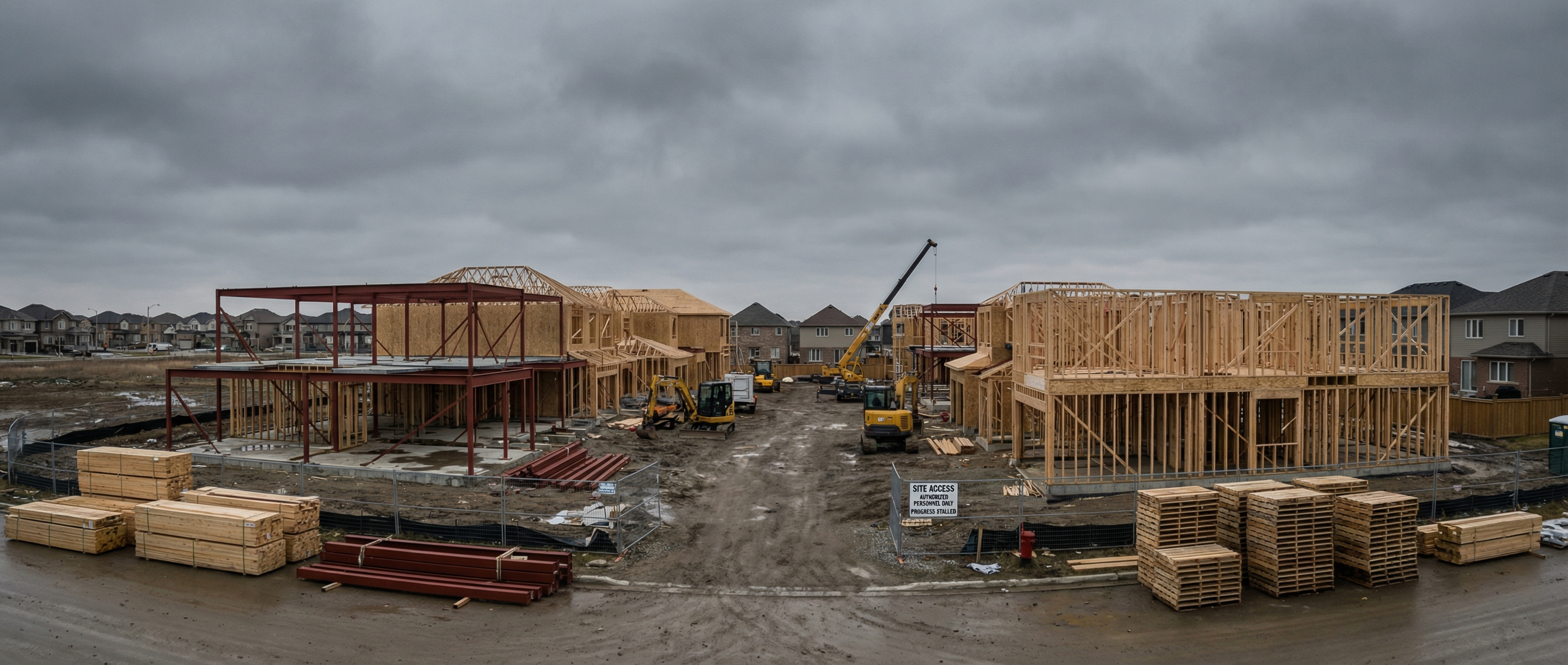 Aerial view of a stalled residential construction project with exposed steel framing and stacked lumber materials on a cloudy day