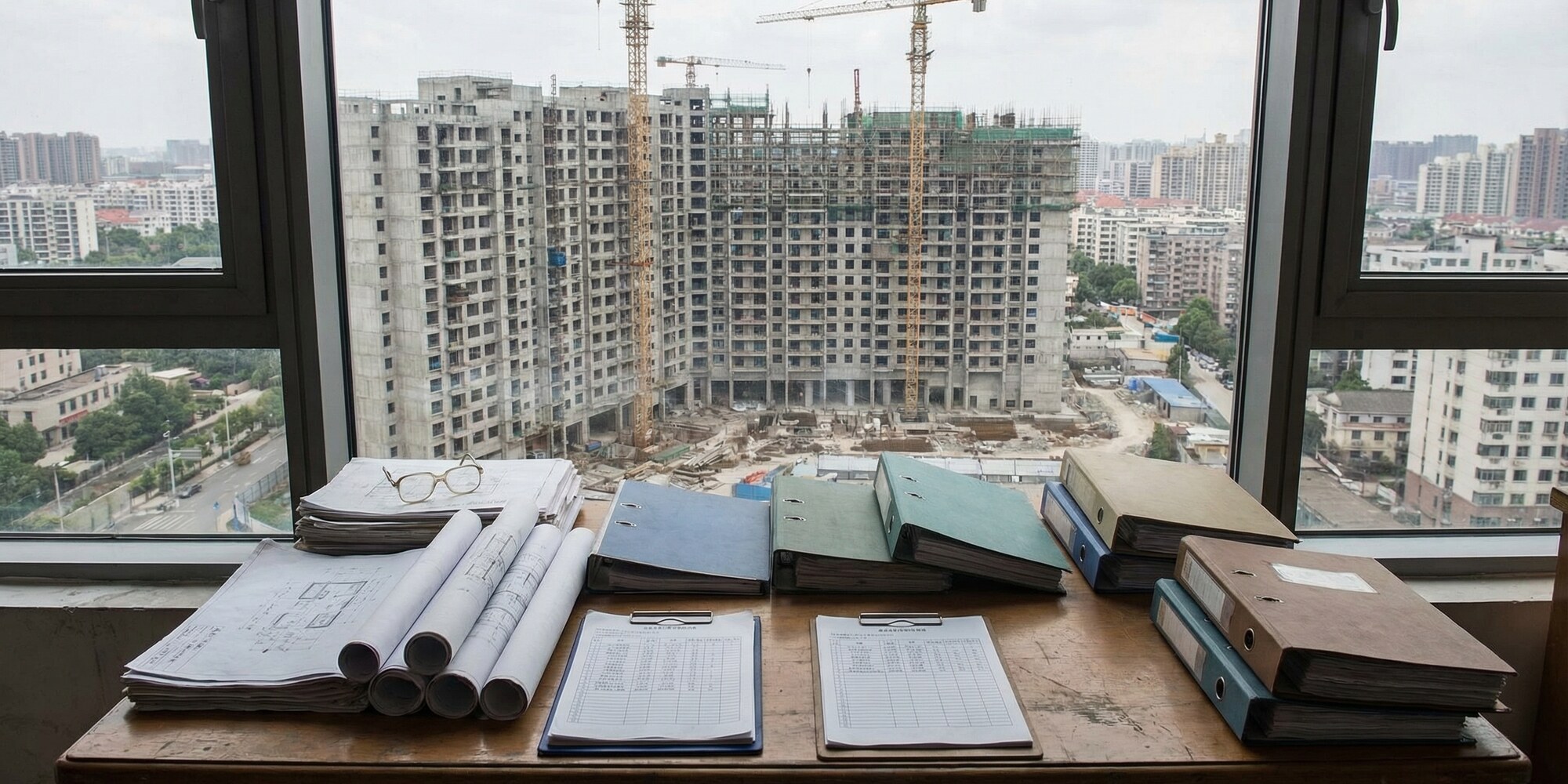 Affordable housing development complex under construction with stacked architectural cost estimate documents on a planning desk in a government office