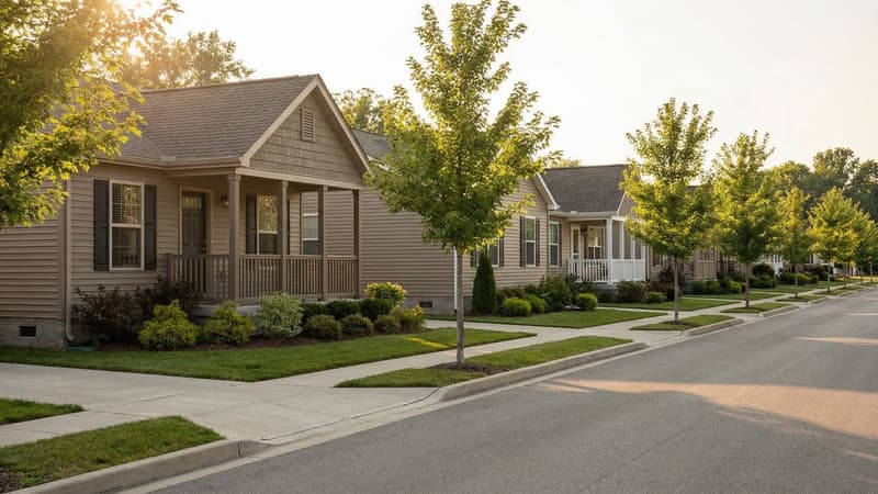 Modern manufactured homes with neat lawns and covered porches on a quiet residential suburban street in golden afternoon light