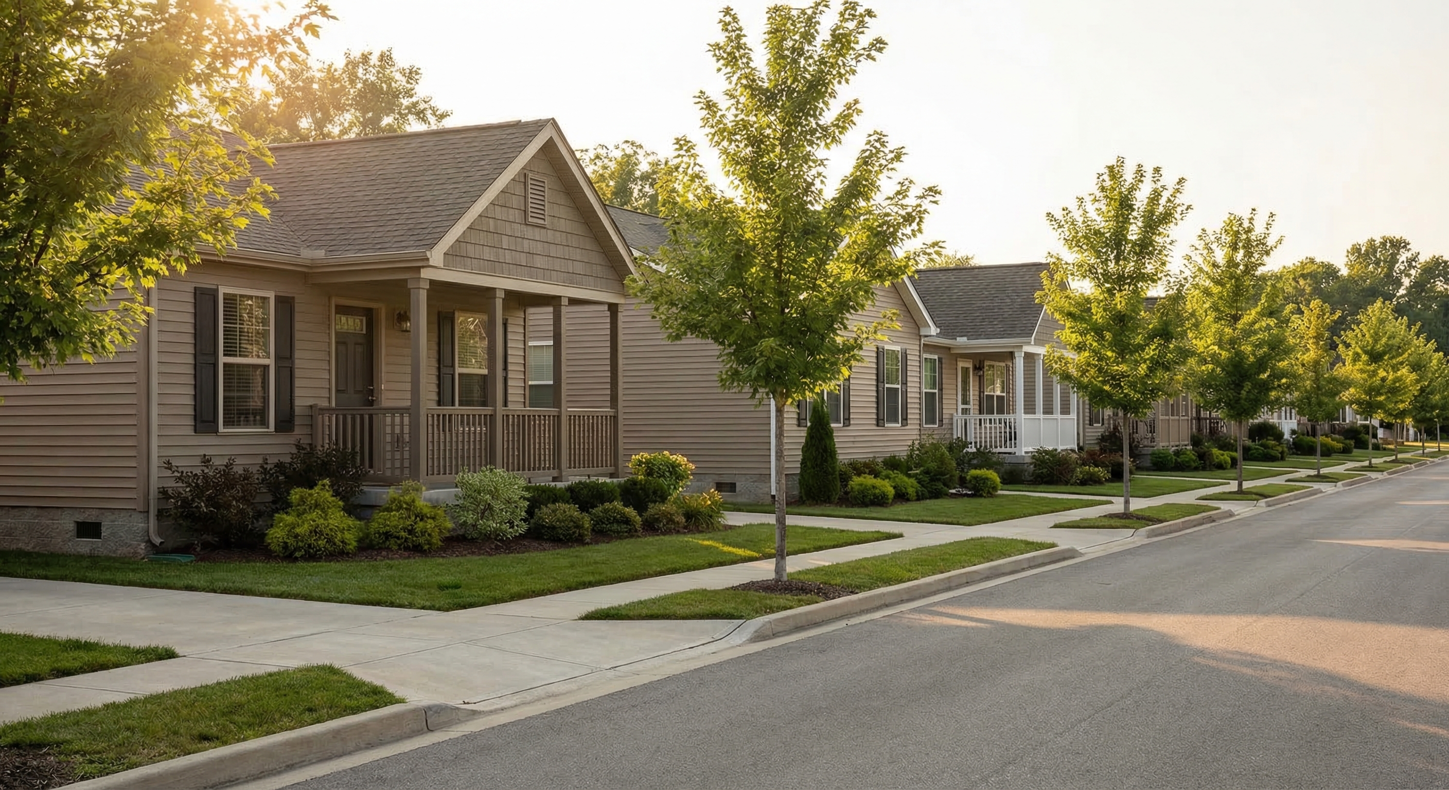 Modern manufactured homes with neat lawns and covered porches on a quiet residential suburban street in golden afternoon light