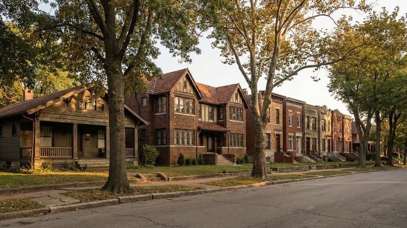 Tree-lined American pre-war residential street showing a mix of bungalows, duplexes, and small brick apartment buildings in warm afternoon light