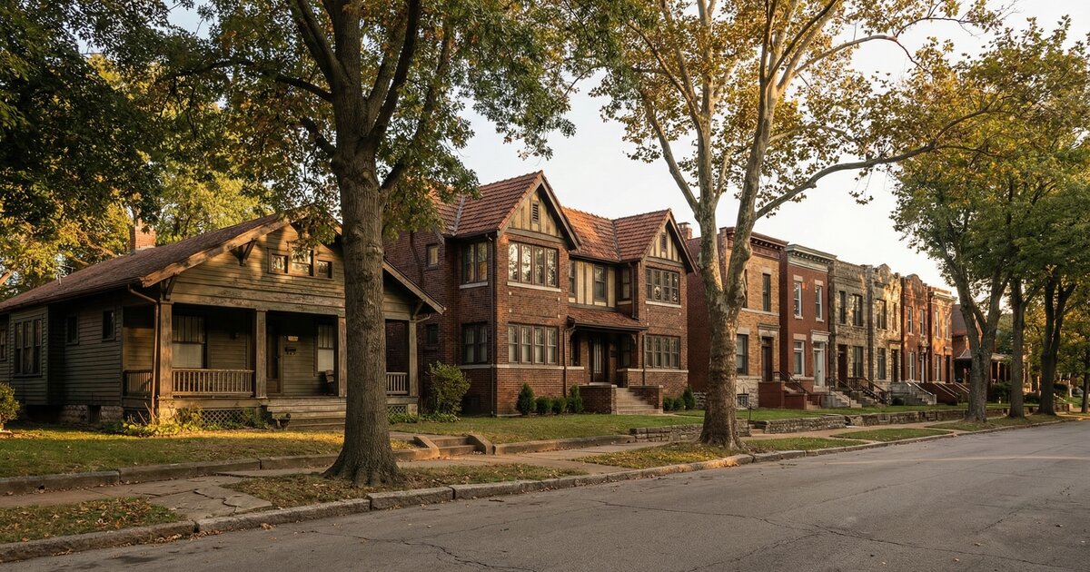 Tree-lined American pre-war residential street showing a mix of bungalows, duplexes, and small brick apartment buildings in warm afternoon light