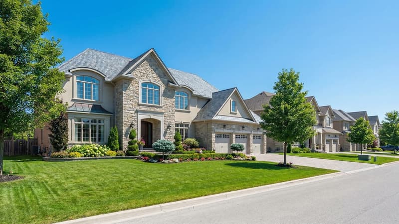 A large detached house set back behind a deep lawn and mature trees on a wide street in an affluent suburb