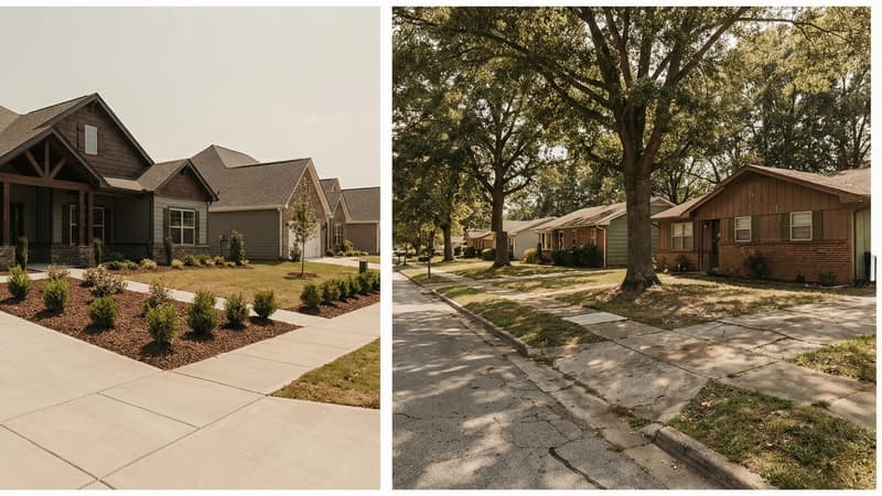 Newly constructed modern suburban home alongside an older 1970s-era residential street, representing the contrast between new and existing housing stock