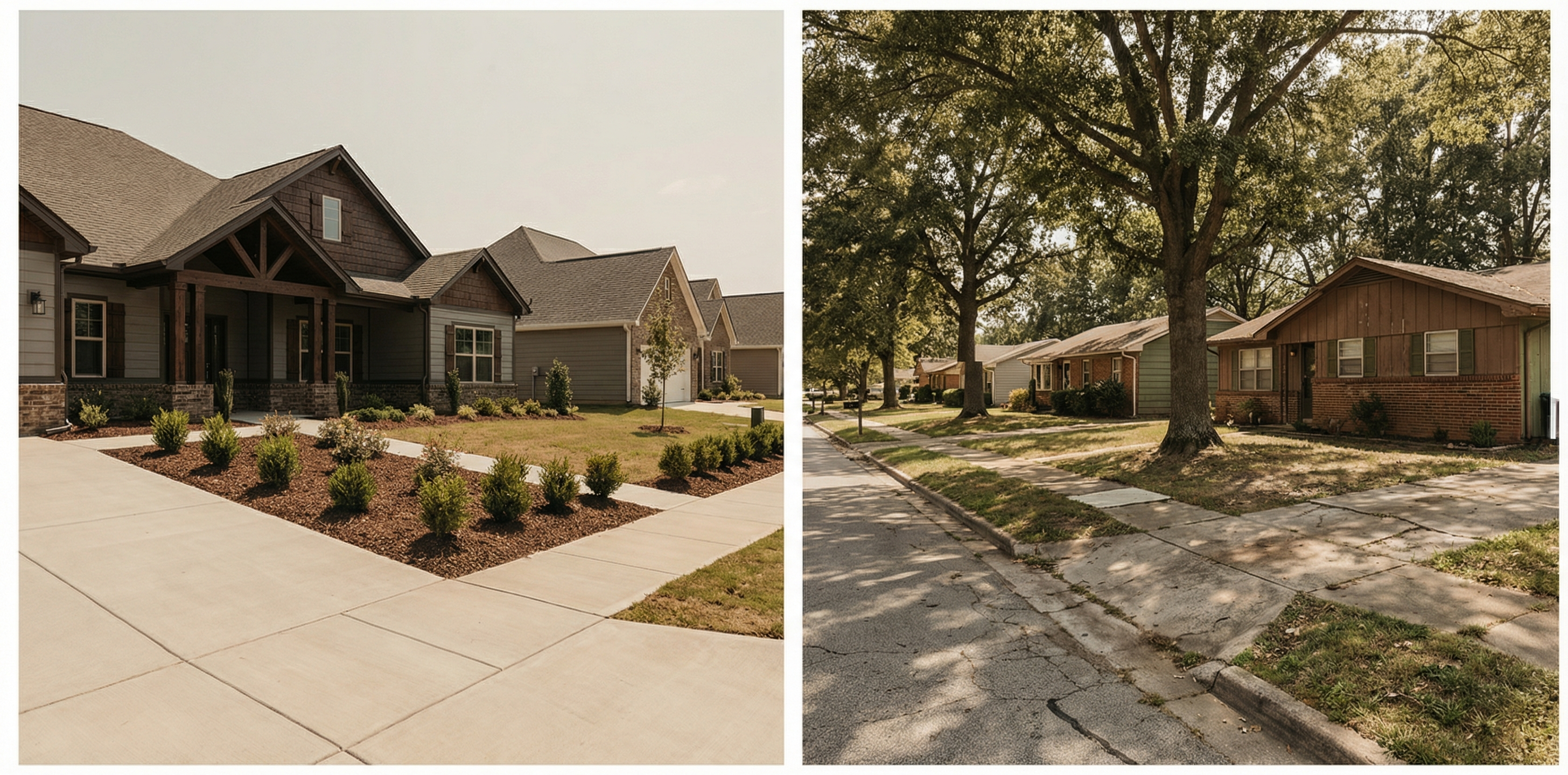 Newly constructed modern suburban home alongside an older 1970s-era residential street, representing the contrast between new and existing housing stock