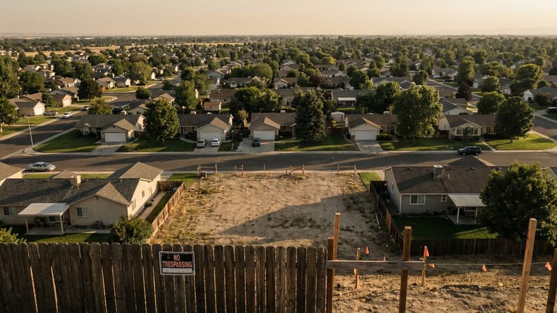 A settled suburban neighborhood of detached houses and mature trees, with one vacant lot left undeveloped among them