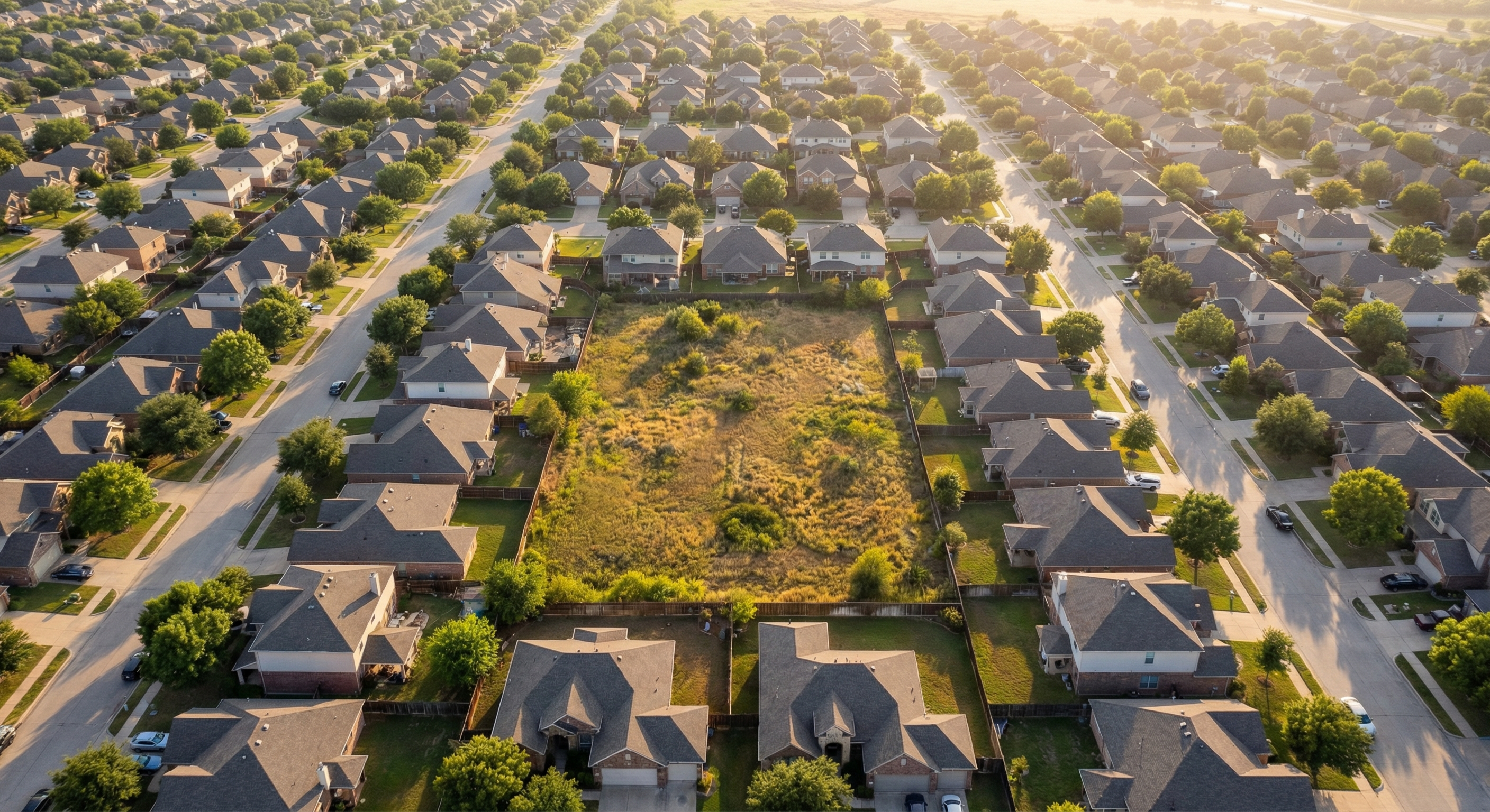 A dense residential neighborhood seen from above, with a single undeveloped lot surrounded by houses, illustrating the tension between housing scarcity and available land