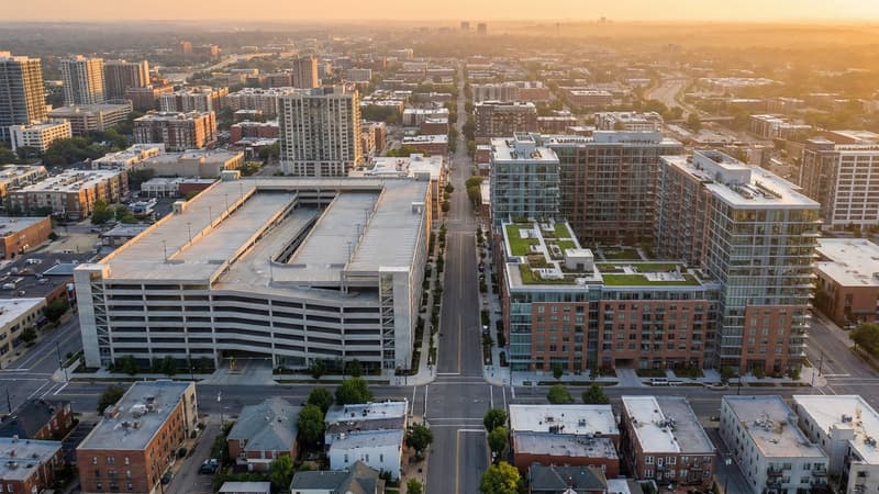 Aerial view of urban city block showing structured parking garage alongside multifamily apartment buildings