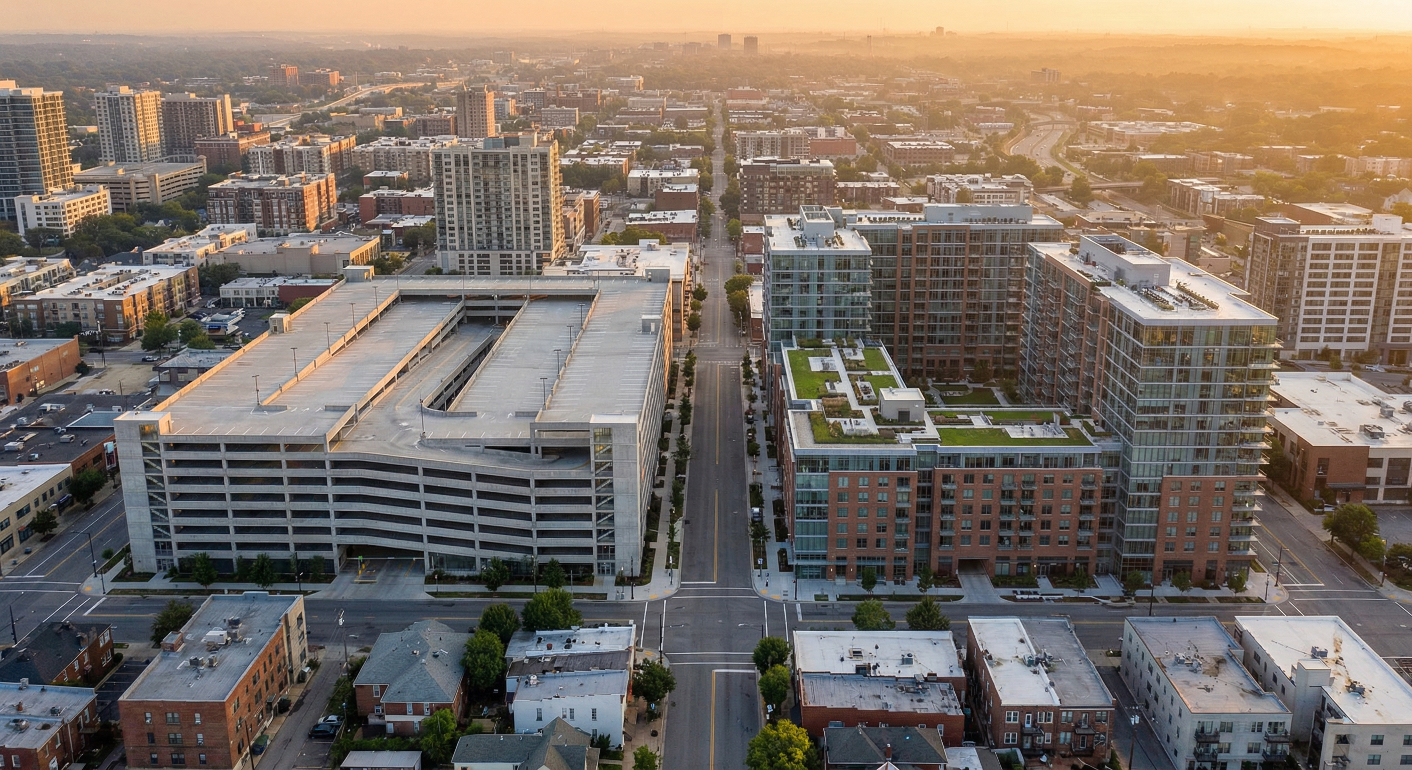 Aerial view of urban city block showing structured parking garage alongside multifamily apartment buildings